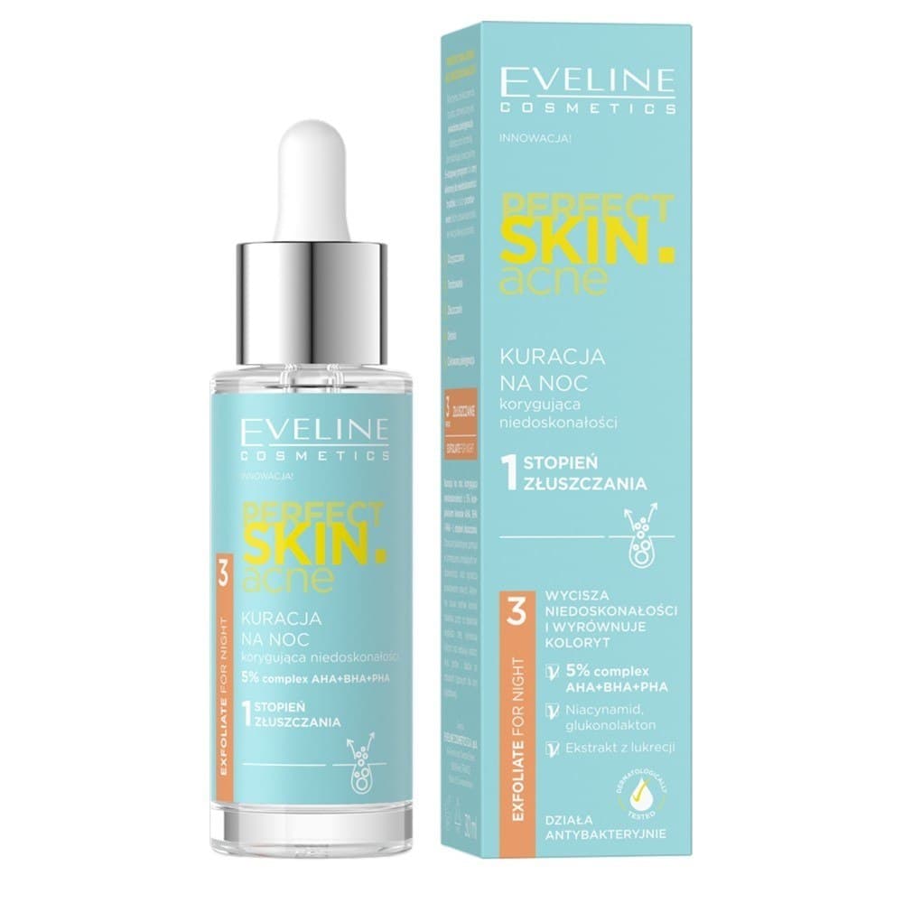 

Eveline Perfect Skin.acne Kuracja na noc korygująca niedoskonałości - 1 stopień złuszczania (5%) 30ml