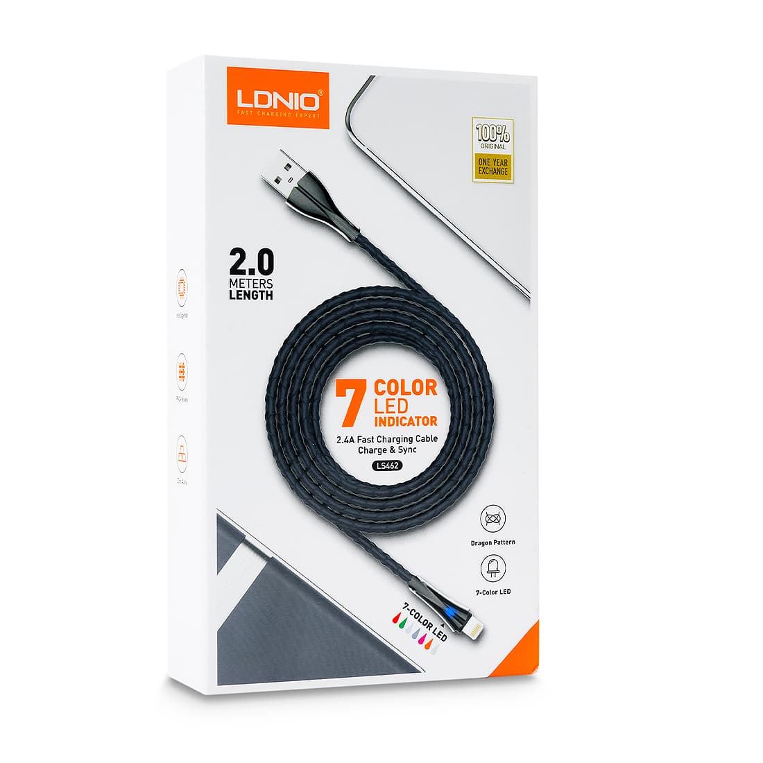 

Kabel USB-A/Lightning LDNIO z LED 2m szary LS462L