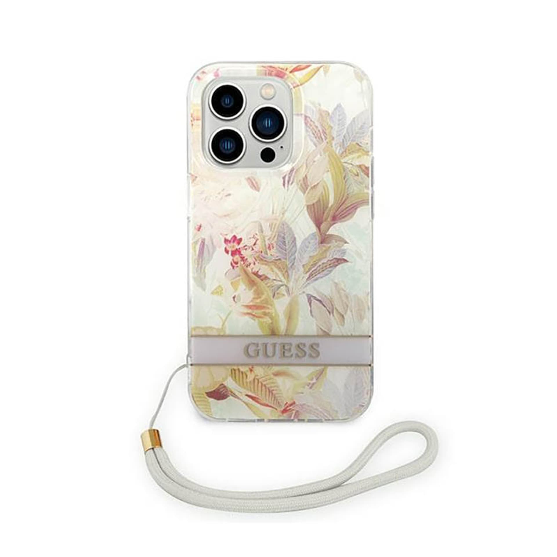

Guess Flower Cord - Etui ze smyczką iPhone 14 Pro (fioletowy)