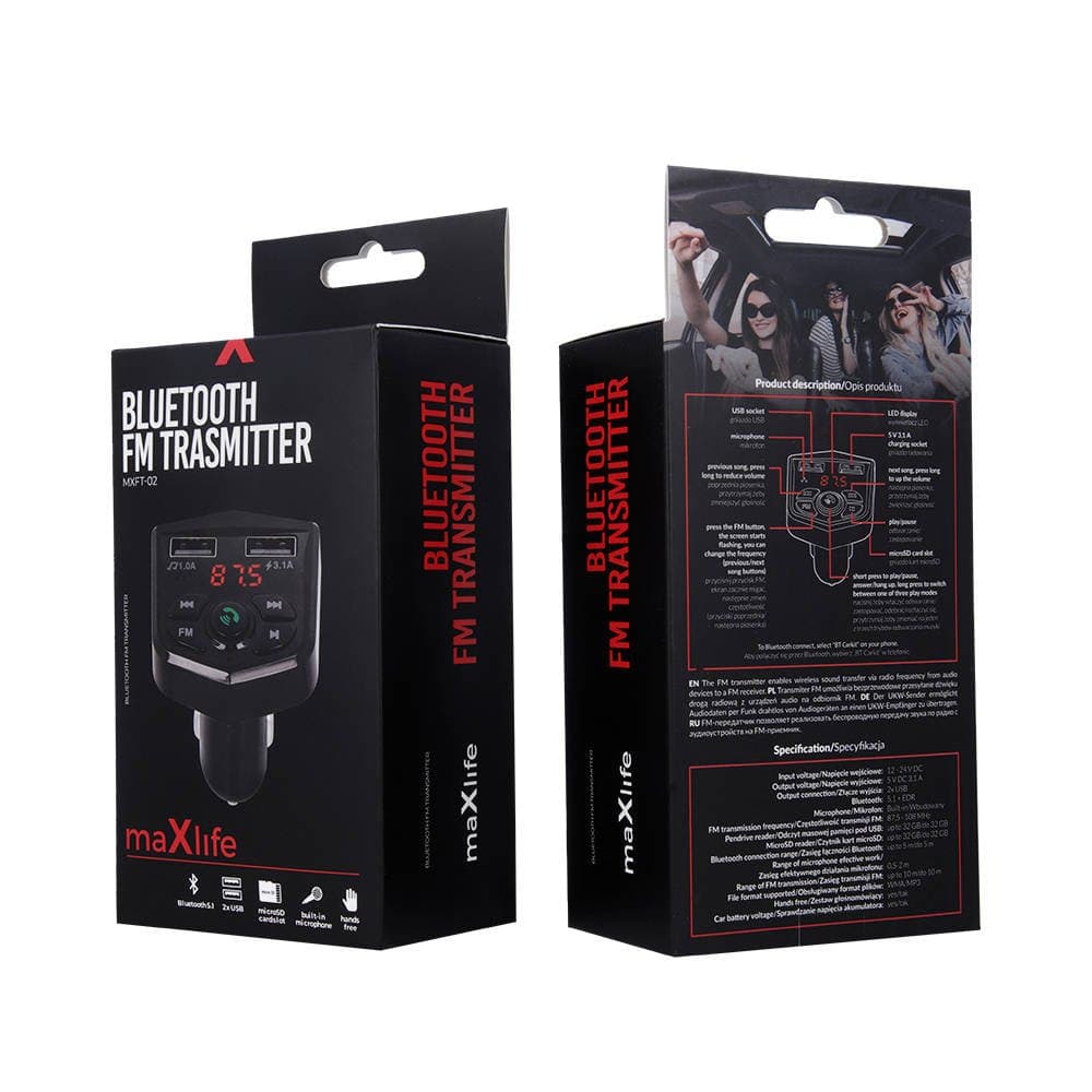 

Transmiter FM Maxlife MXFT-02 Ładowarka samochodowa Bluetooth MicroSD USB