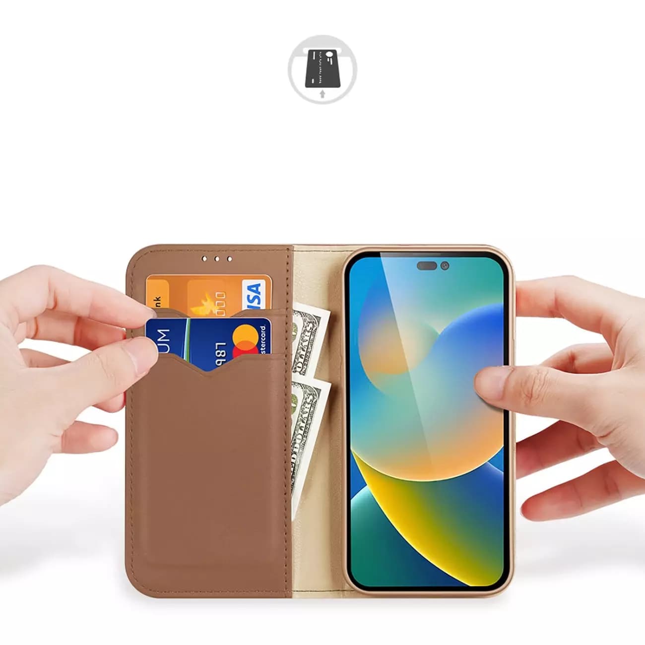 

Dux Ducis Hivo skórzane etui z klapką pokrowiec ze skóry naturalnej portfel na karty i dokumenty iPhone 14 Pro brązowy