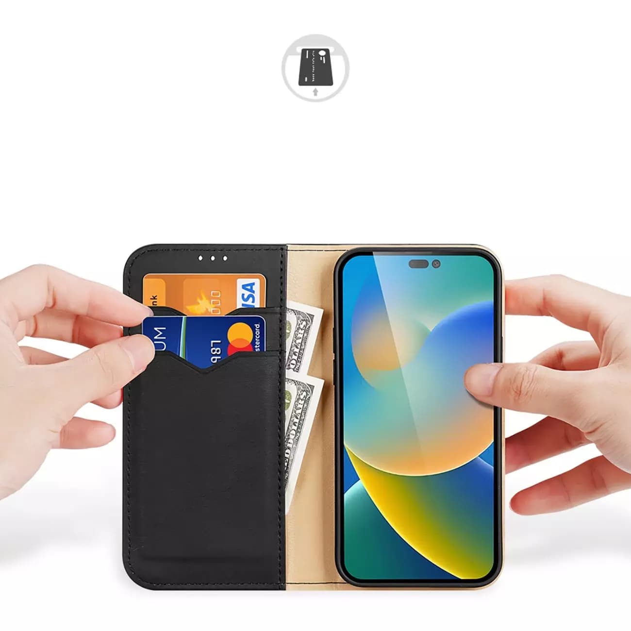 

Dux Ducis Hivo skórzane etui z klapką pokrowiec ze skóry naturalnej portfel na karty i dokumenty iPhone 14 Pro Max czarny