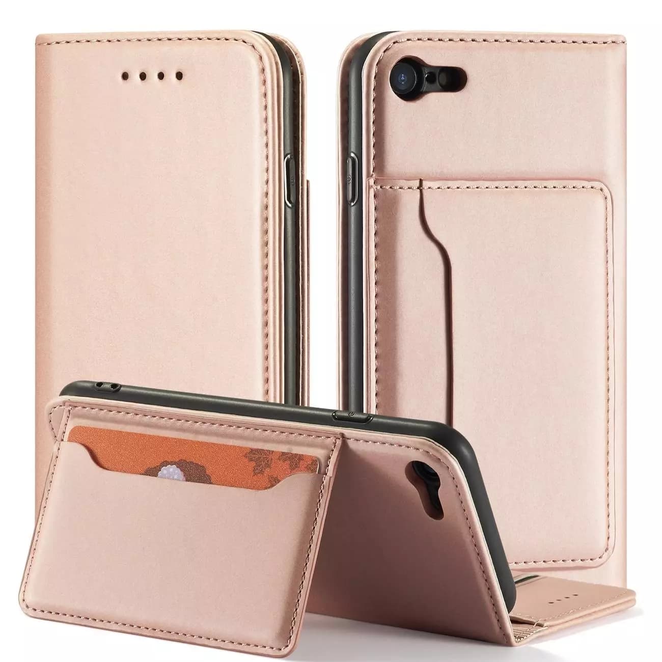 

Magnet Card Case etui do iPhone SE 2022 / SE 2020 / iPhone 8 / iPhone 7 pokrowiec portfel na karty kartę podstawka różowy