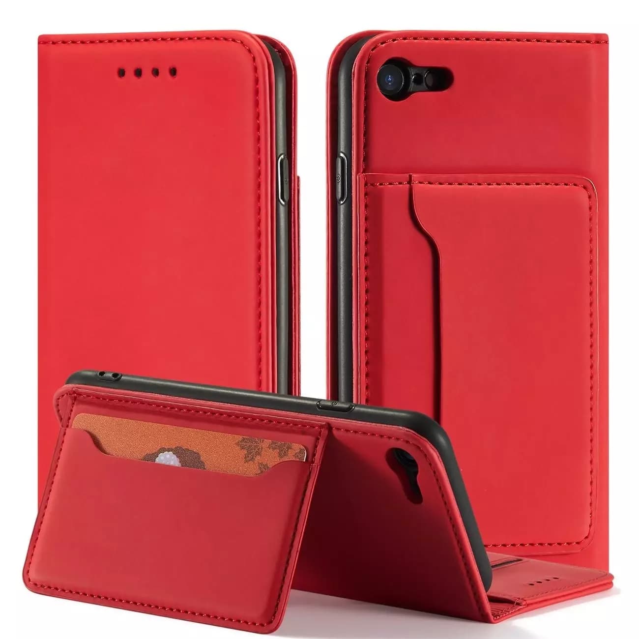 

Magnet Card Case etui do iPhone SE 2022 / SE 2020 / iPhone 8 / iPhone 7 pokrowiec portfel na karty kartę podstawka czerwony