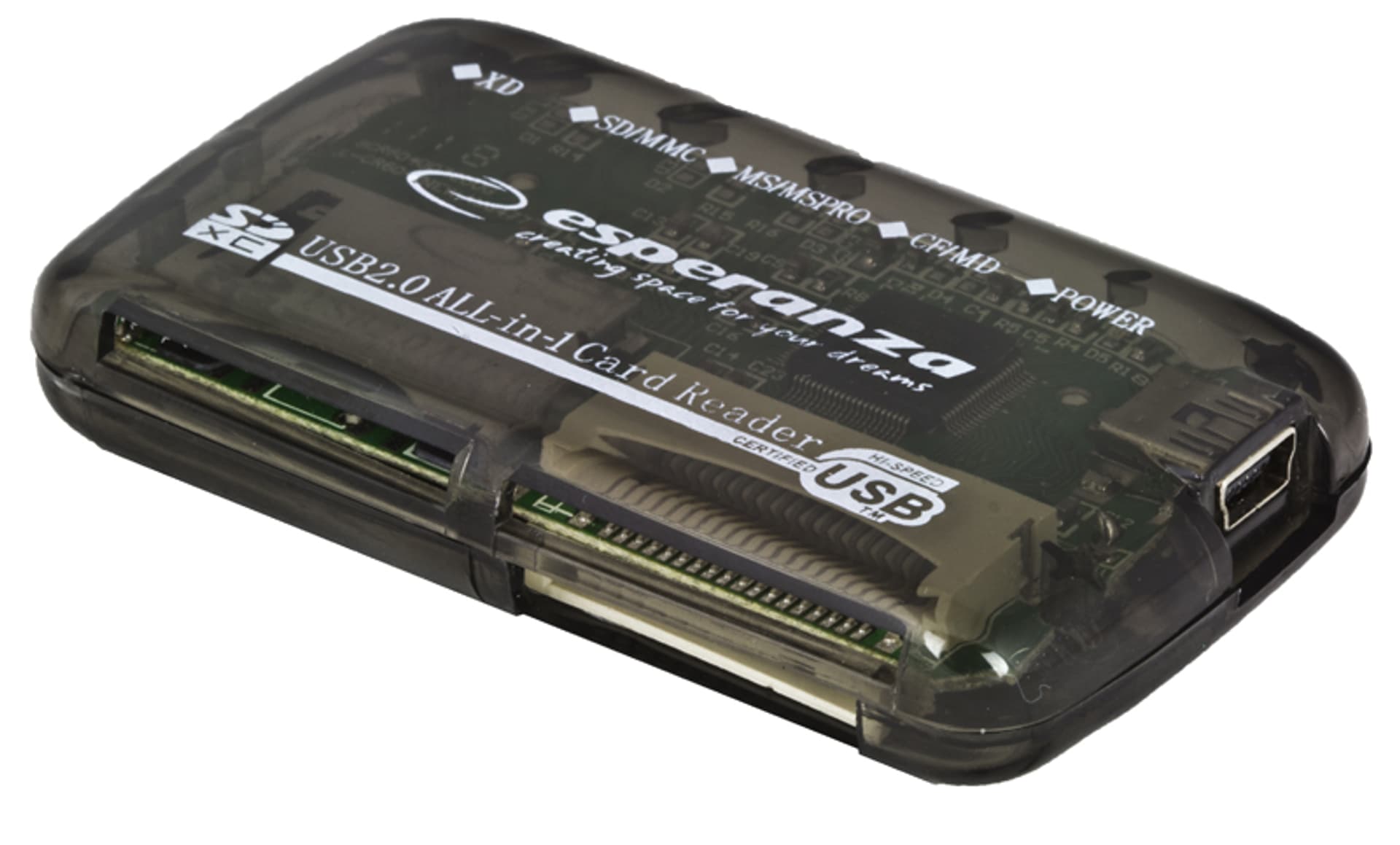 

Czytnik kart Esperanza EA117 (Zewnętrzny; Memory Stick Duo, MicroSD (przez adapter), MMC, SD, SDHC, SDXC)