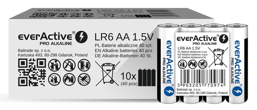 

EVERACTIVE BATERIE ALKALICZNE PRO ALKALINE AA, LR6, SHRINK 4 SZT, 1250 MAH, WYSOKA WYDAJNOŚĆ, LR6PRO4T