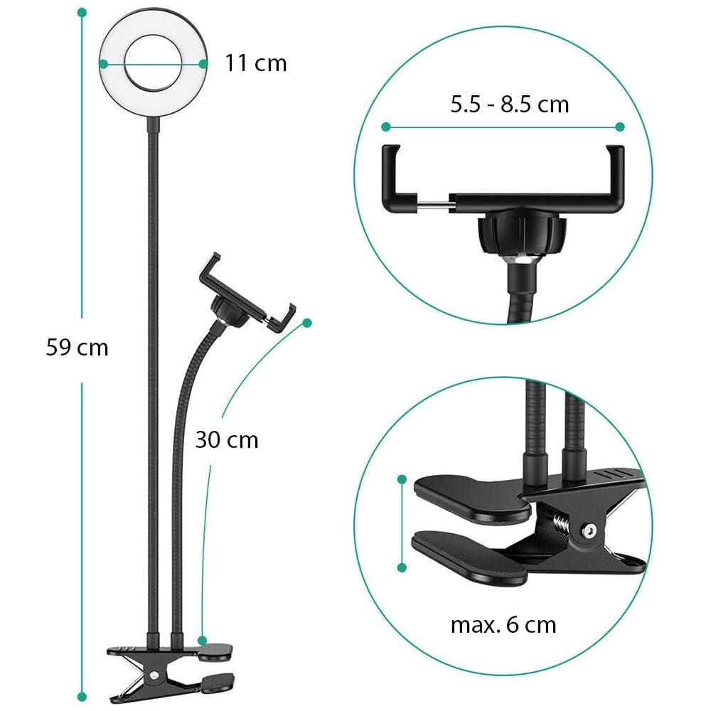 

Lampka biurkowa 24 LED z klipsem Lampa z uchwytem na telefon do blatu USB czarny