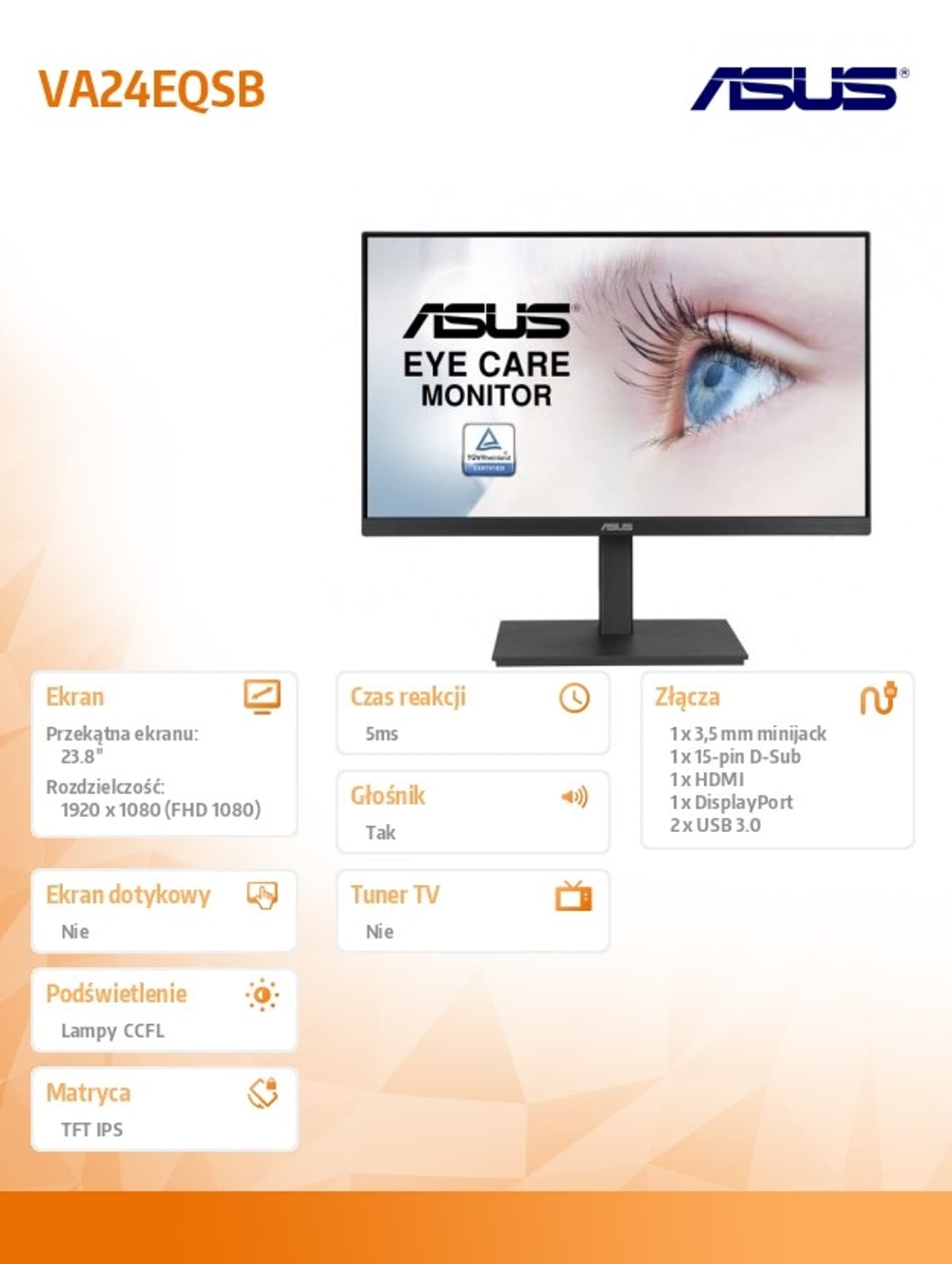 

Monitor 23.8 cala VA24EQSB IPS HDMI DP VGA USB PIVOT