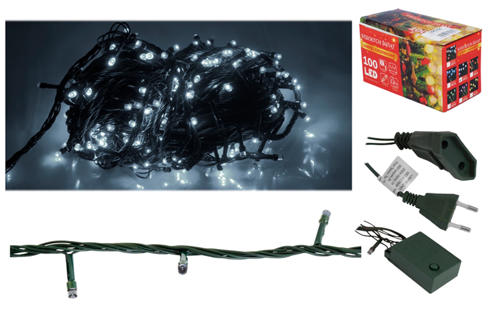 

1 szt. PS Lampki choinkowe 100 LED, światło zimne białe.