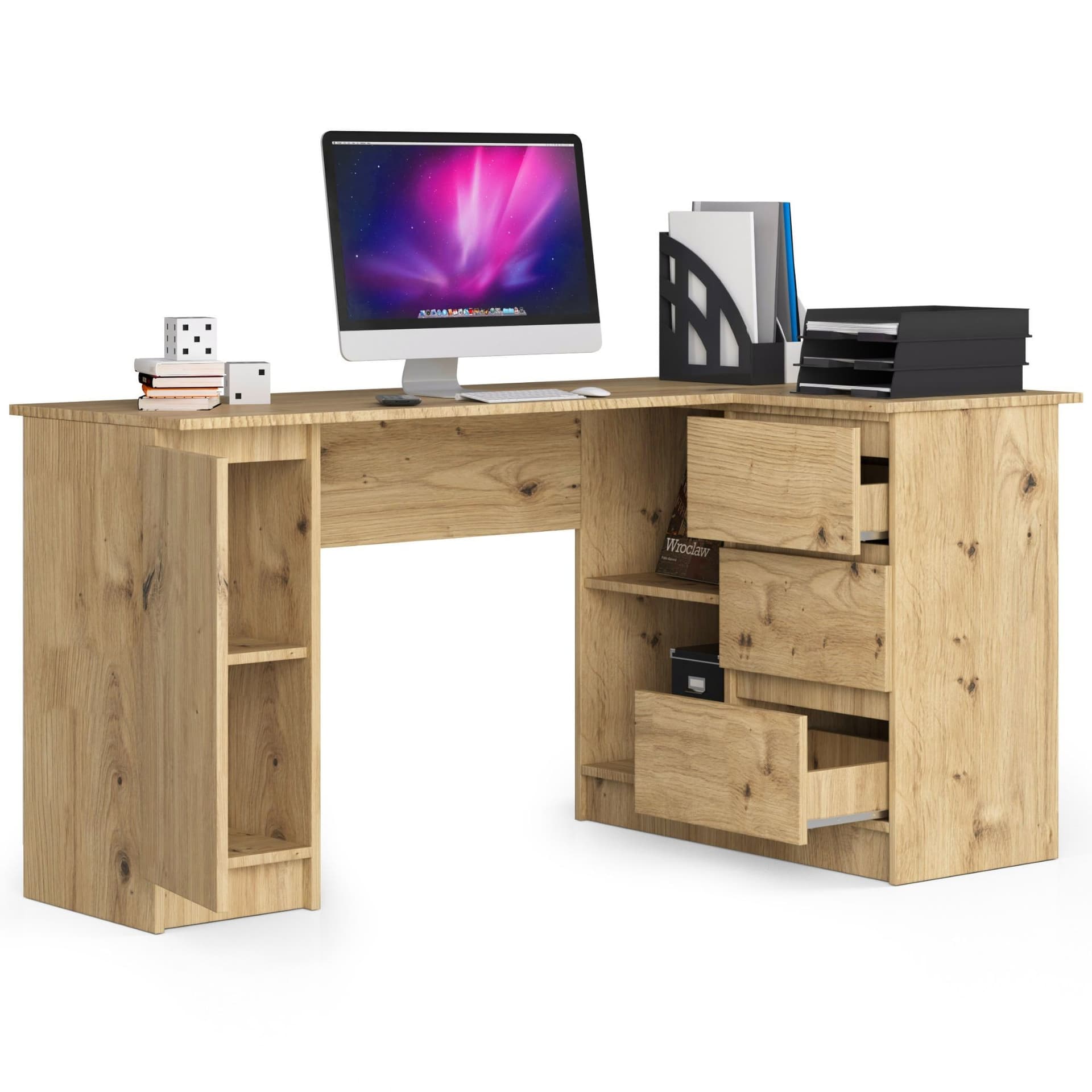 

Biurko narożne B20 155 cm prawe - dąb artisan - 3 szuflady