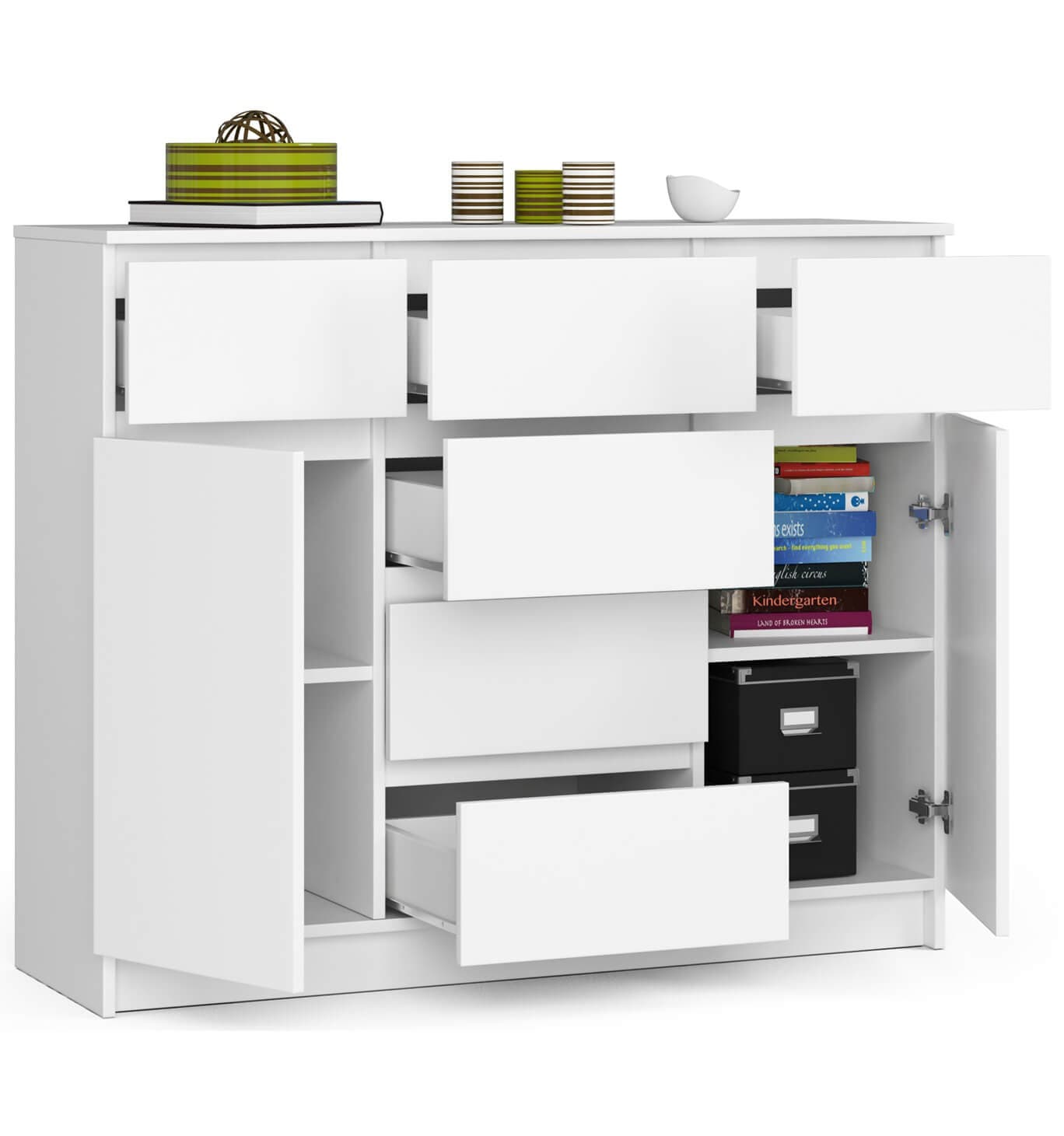 

Komoda do salonu 120 cm K017 - Biała - 2 drzwi 6 szuflad