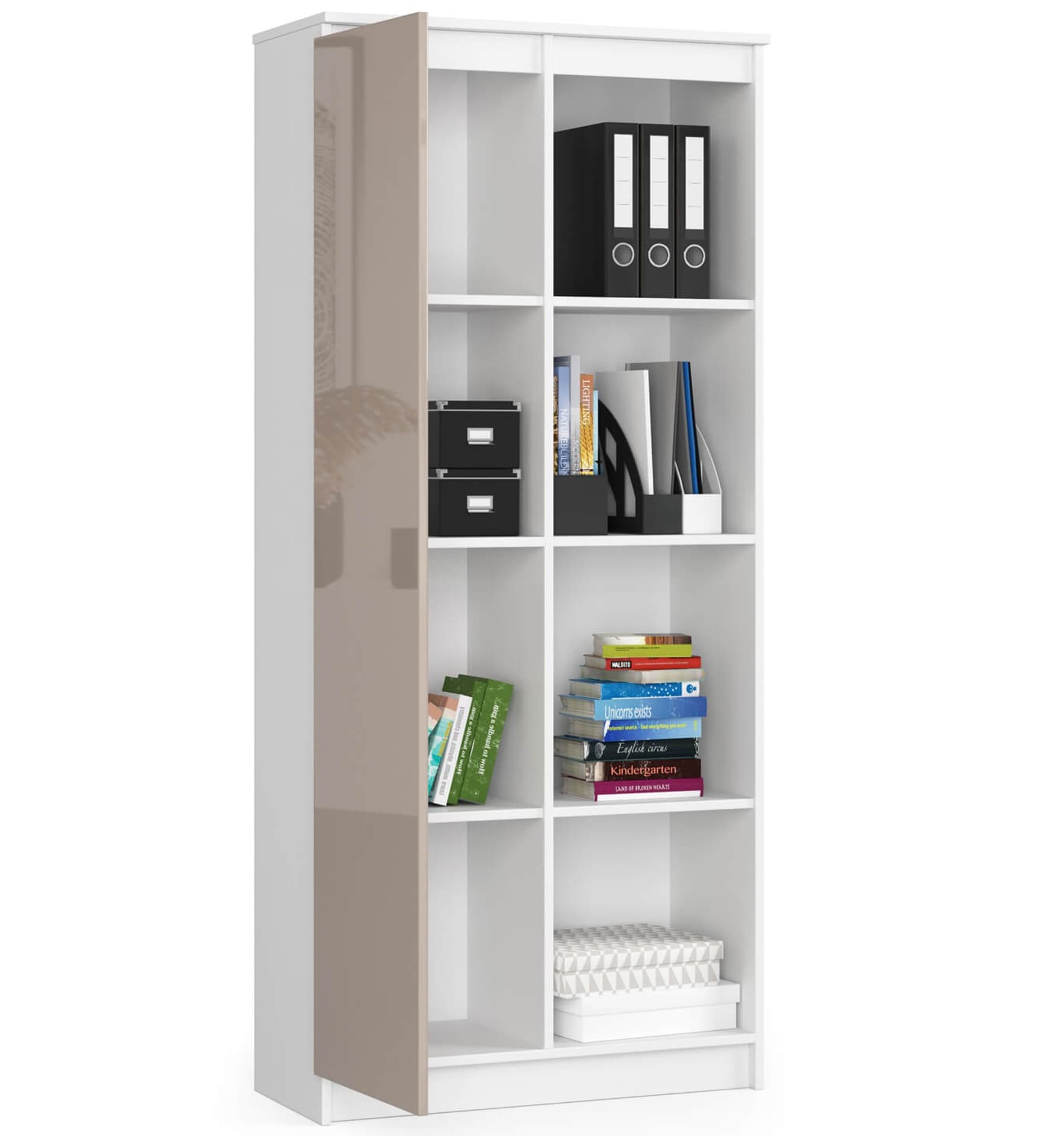 

Regał biurowy R 80 cm CLP 1 drzwi 4 półki - biały-cappuccino połysk