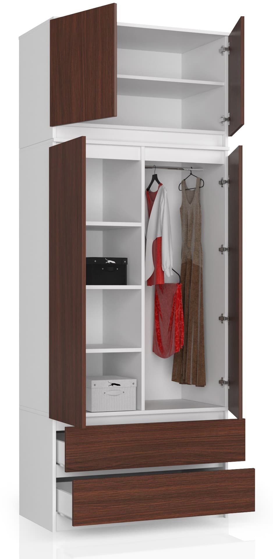 

SZAFA Z NADSTAWKĄ S 90 cm 2 DRZWI 2 SZUFLADY BIAŁA / WENGE
