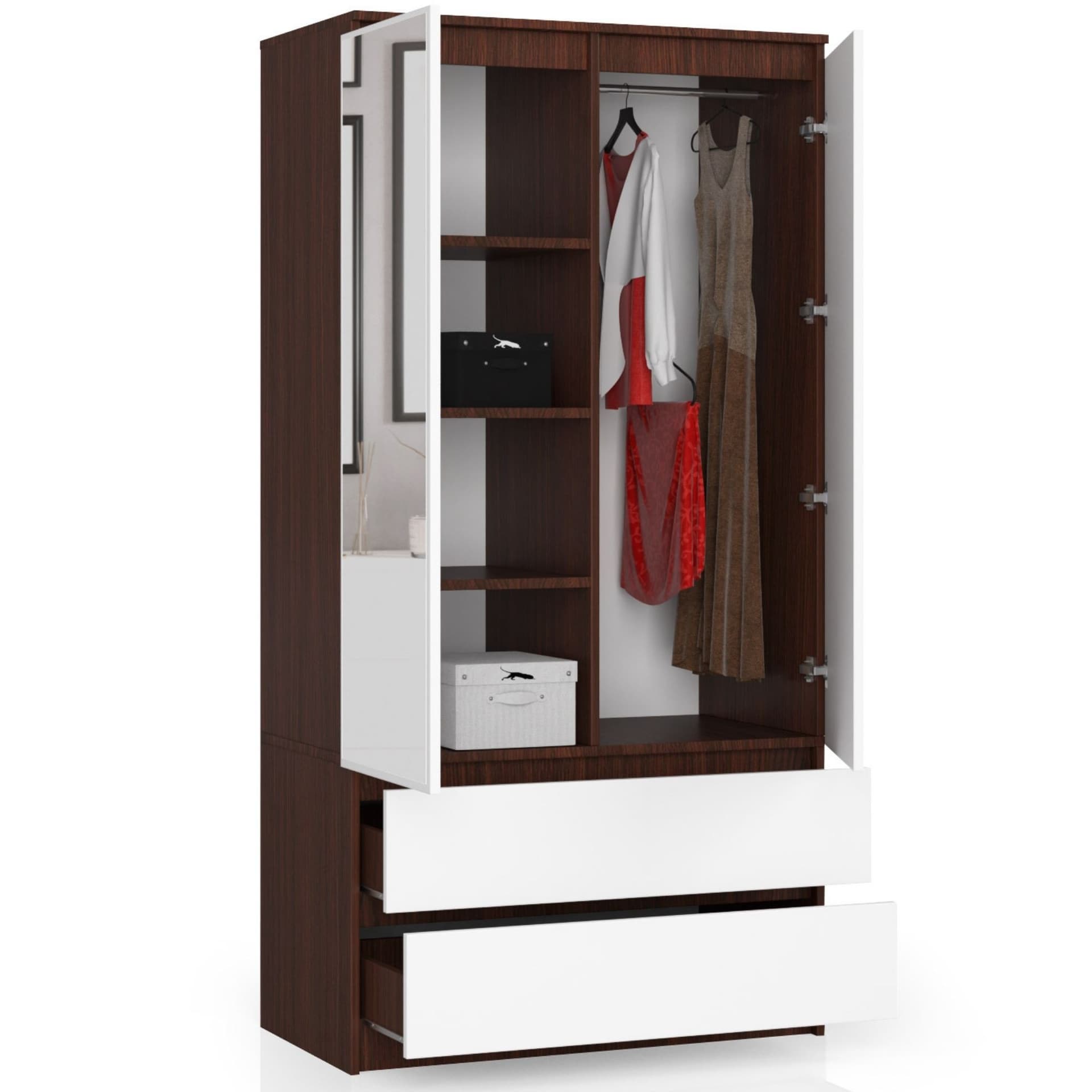 

SZAFA S 90 cm 2 DRZWI 2 SZUFLADY 2 LUSTRA WENGE / BIAŁA