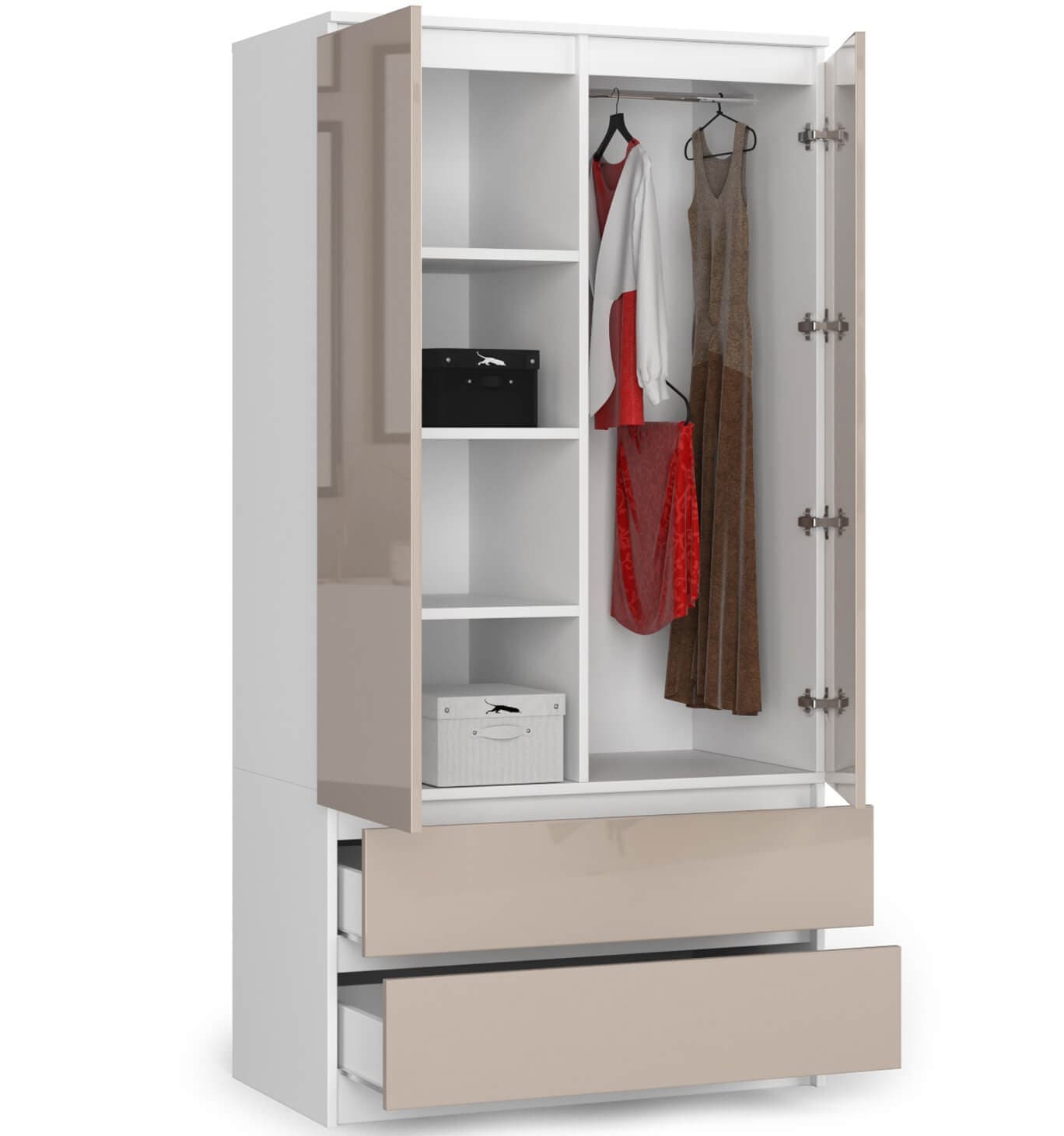 

Szafa S 90 cm 2 drzwi 2 szuflady - biała-cappuccino połysk