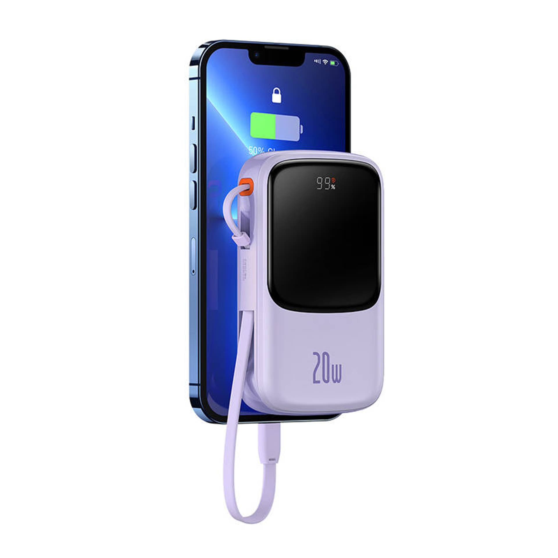 

Powerbank Baseus Qpow Pro z kablem Lightning, USB-C, USB, 10000mAh, 20W (fioletowy)