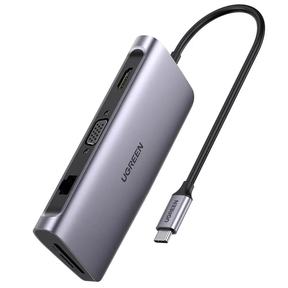 

Ugreen 9w1 wielofunkcyjny HUB USB 3.2 Gen. 1 HDMI (4K@60Hz) VGA (Full HD@60Hz) Ethernet czytnik kart TF/SD PD 100W USB Typ C PD szary (CM179)