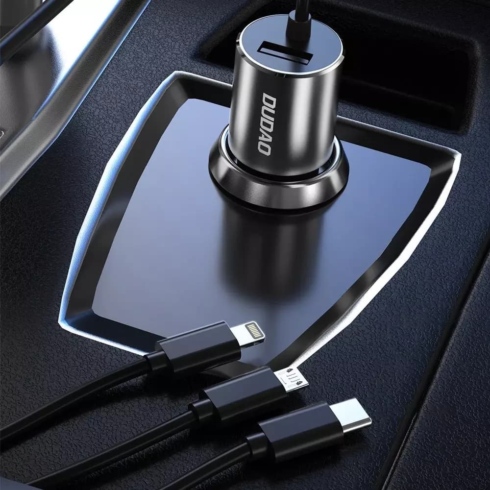 

Dudao 3w1 ładowarka samochodowa USB 3,4 A wbudowany kabel Lightning / USB Typ C / micro USB czarny (R5ProN black)