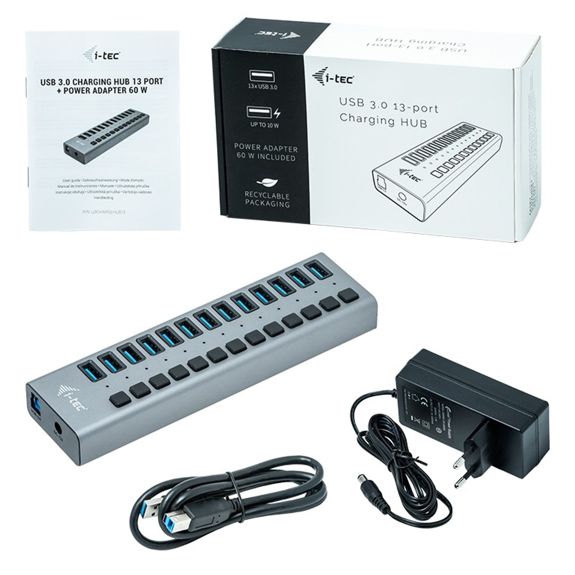 

Hub USB3.0 z ładowaniem, 13 portów, zasilacz 60W