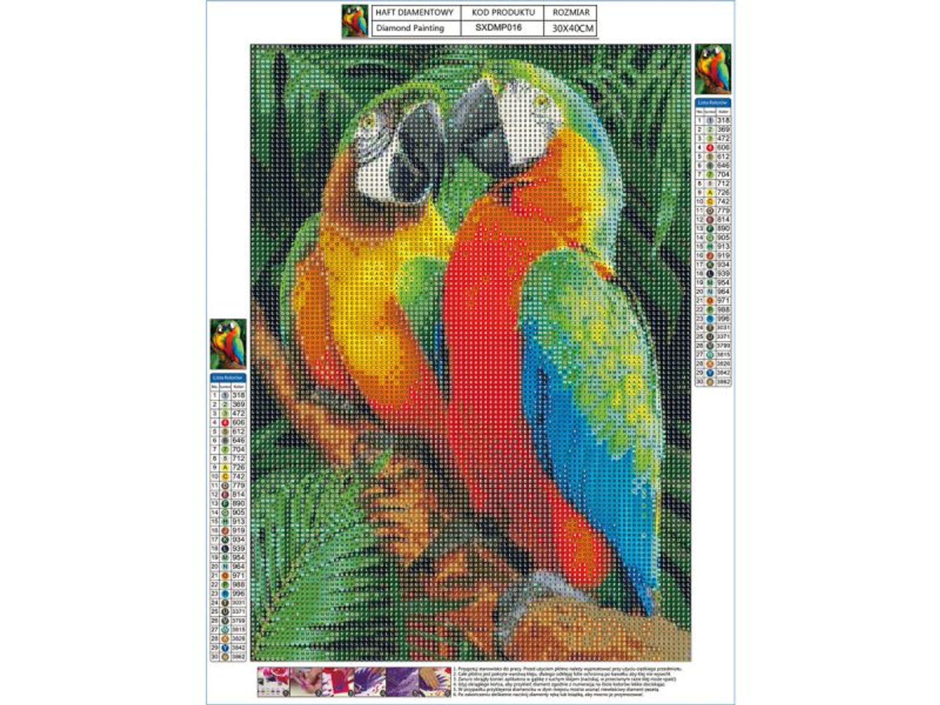 

Haft Diamentowy, Obraz, Mozaika Diamentowa Diamond Painting, KOLOROWE ARY PAPUGI 30x40cm