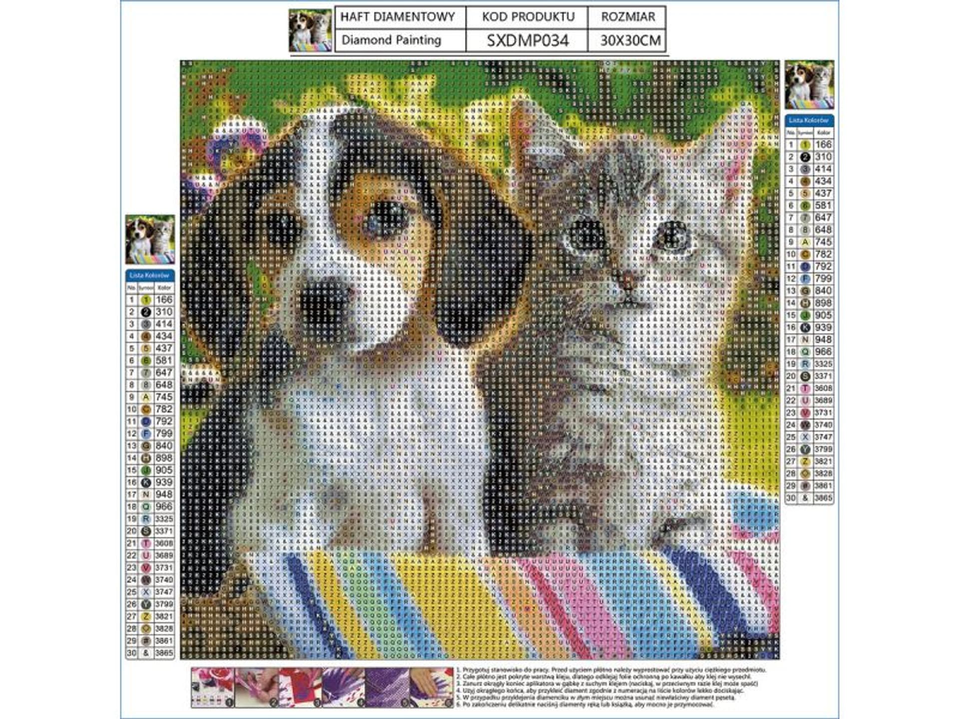 

Haft Diamentowy, Obraz, Mozaika Diamentowa Diamond Painting, SZCZENIAK Z KOTKIEM 30x30cm