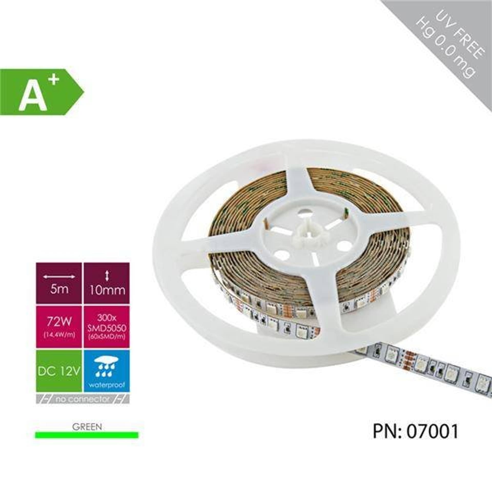 

Whitenergy Taśma LED 5m 60szt/m SMD5050 14.4W/m 12V IP65 10mm zielona bez konektora