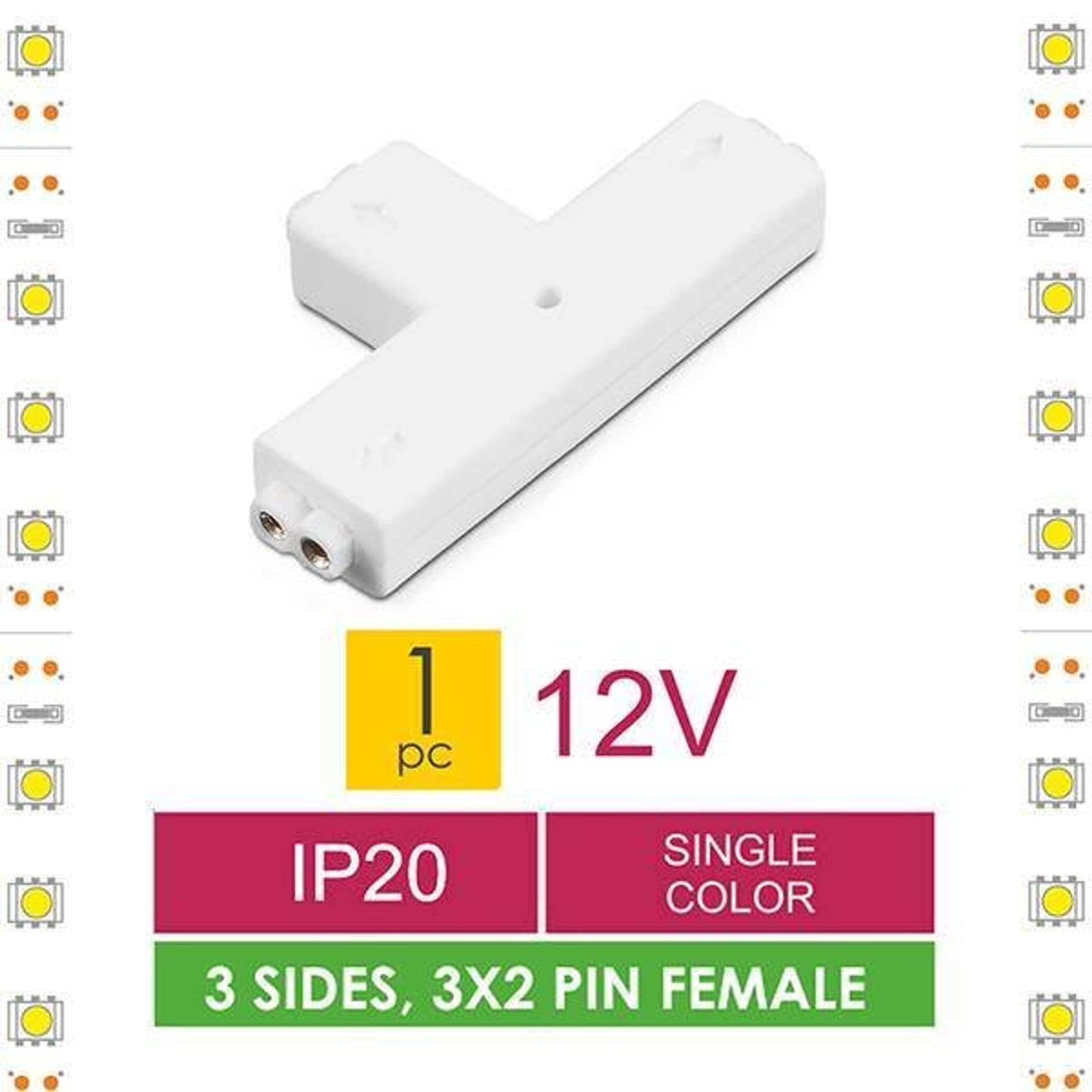 

Złączka do taśm LED T | jednokolorowy | trójstronna | IP20 | biała | 1 szt | 3 x 2 pin żeński |