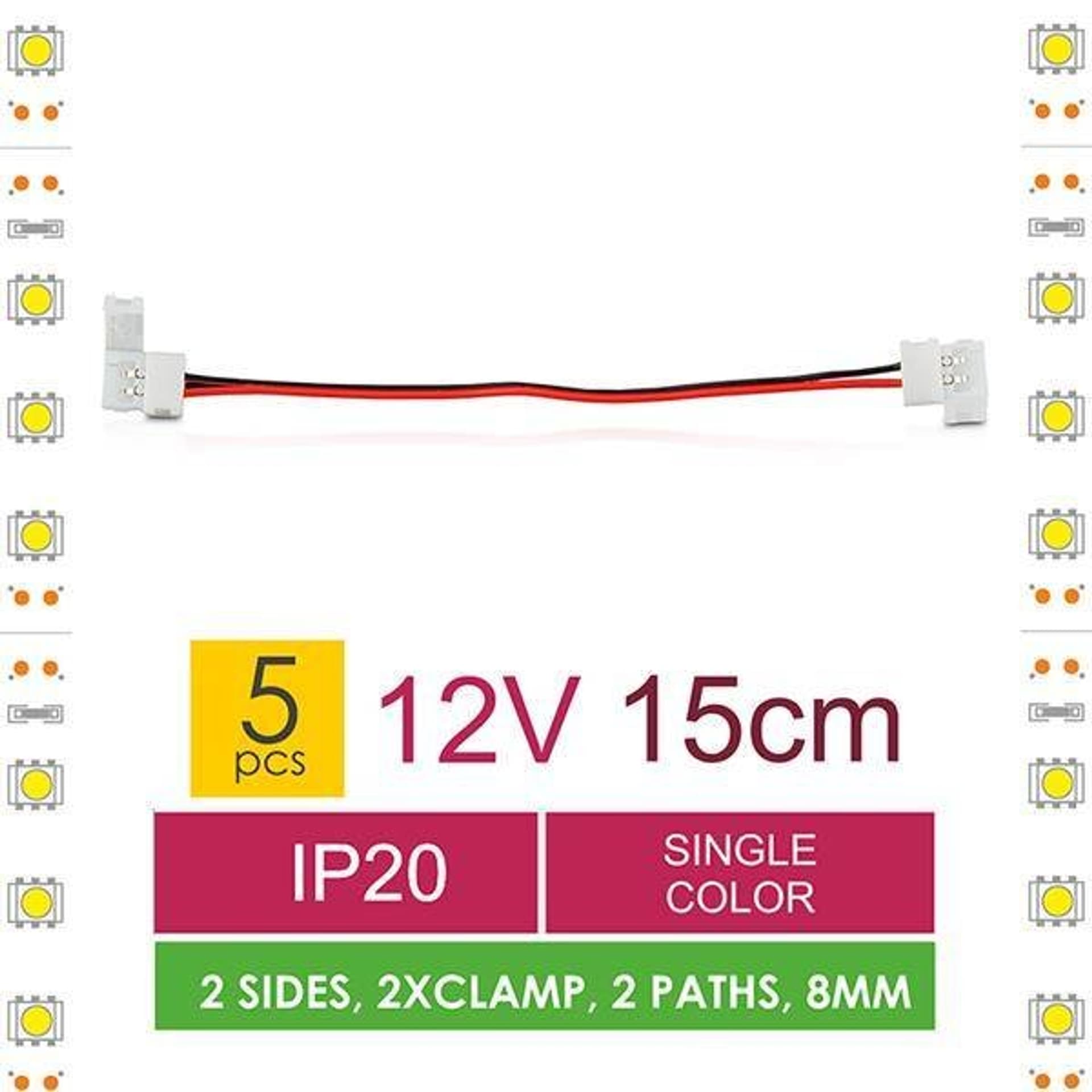 

Złączka do taśm LED z kablem | jednokolorowy | dwustronna | IP20 | biała | 5 szt | 2 x zatrzask 8mm / 2 ścieżki | 15 cm