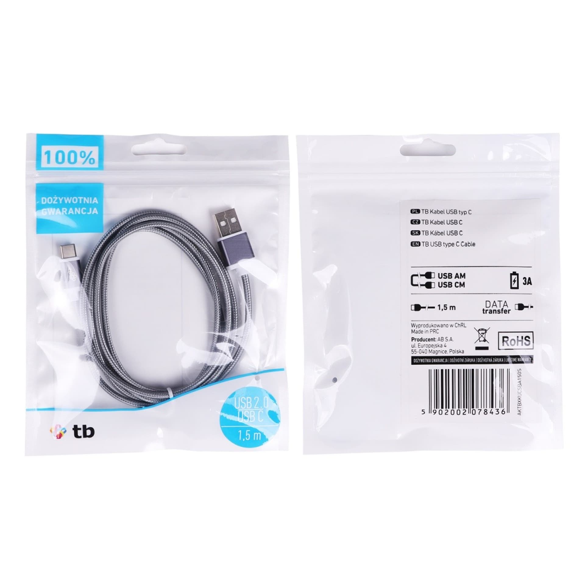 

Kabel USB-USB C 1.5m szary sznurek