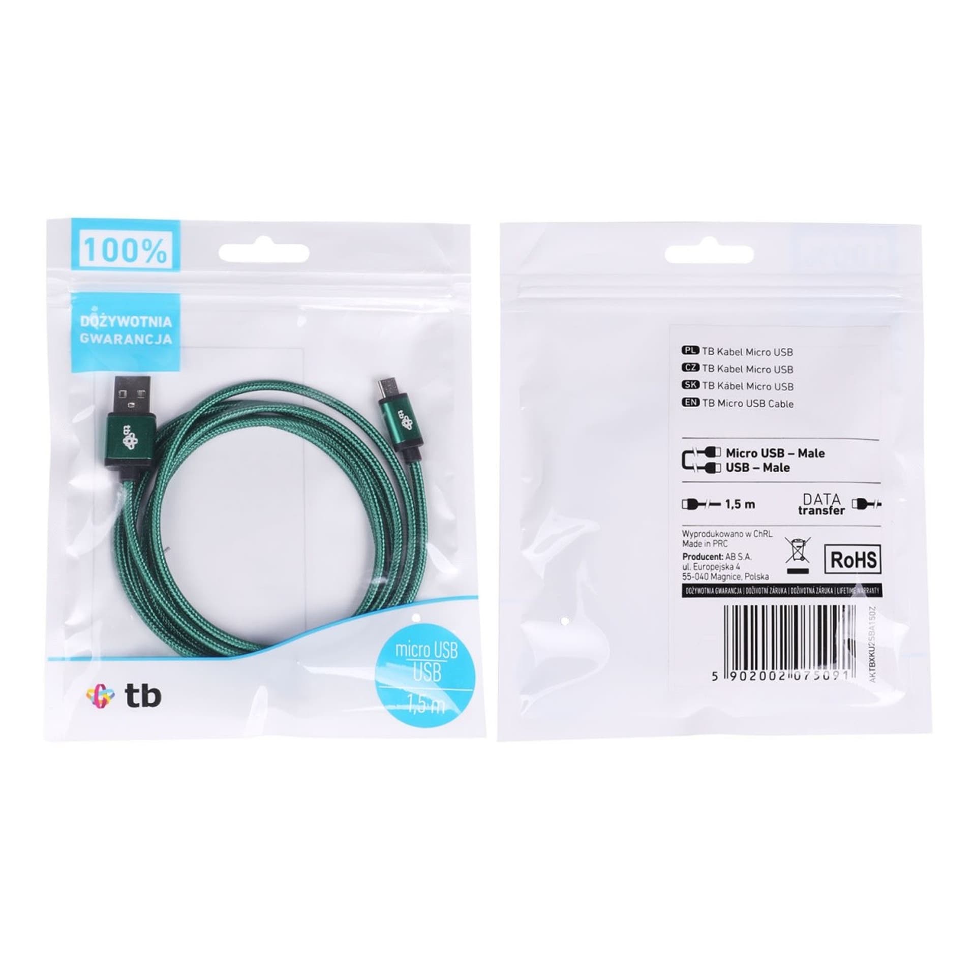 

Kabel USB-Micro USB 1.5 m zielony sznurek