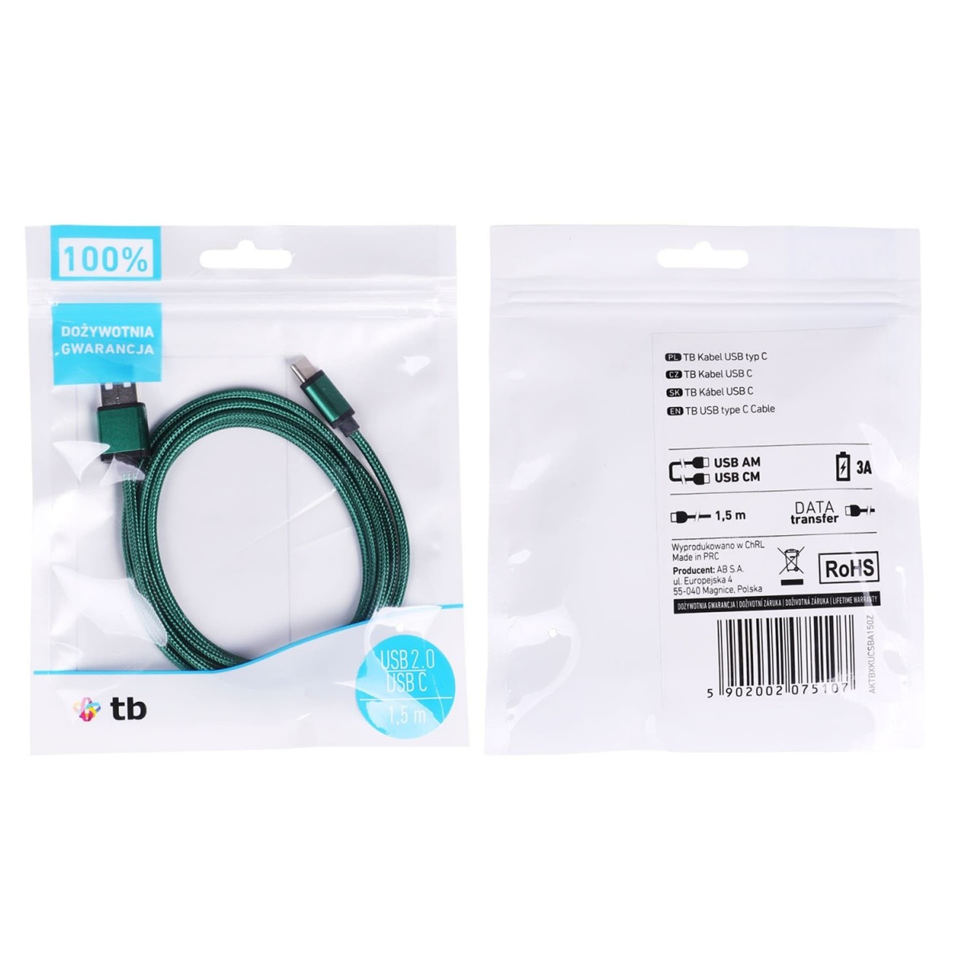 

Kabel USB-USB C 1.5m zielony sznurek