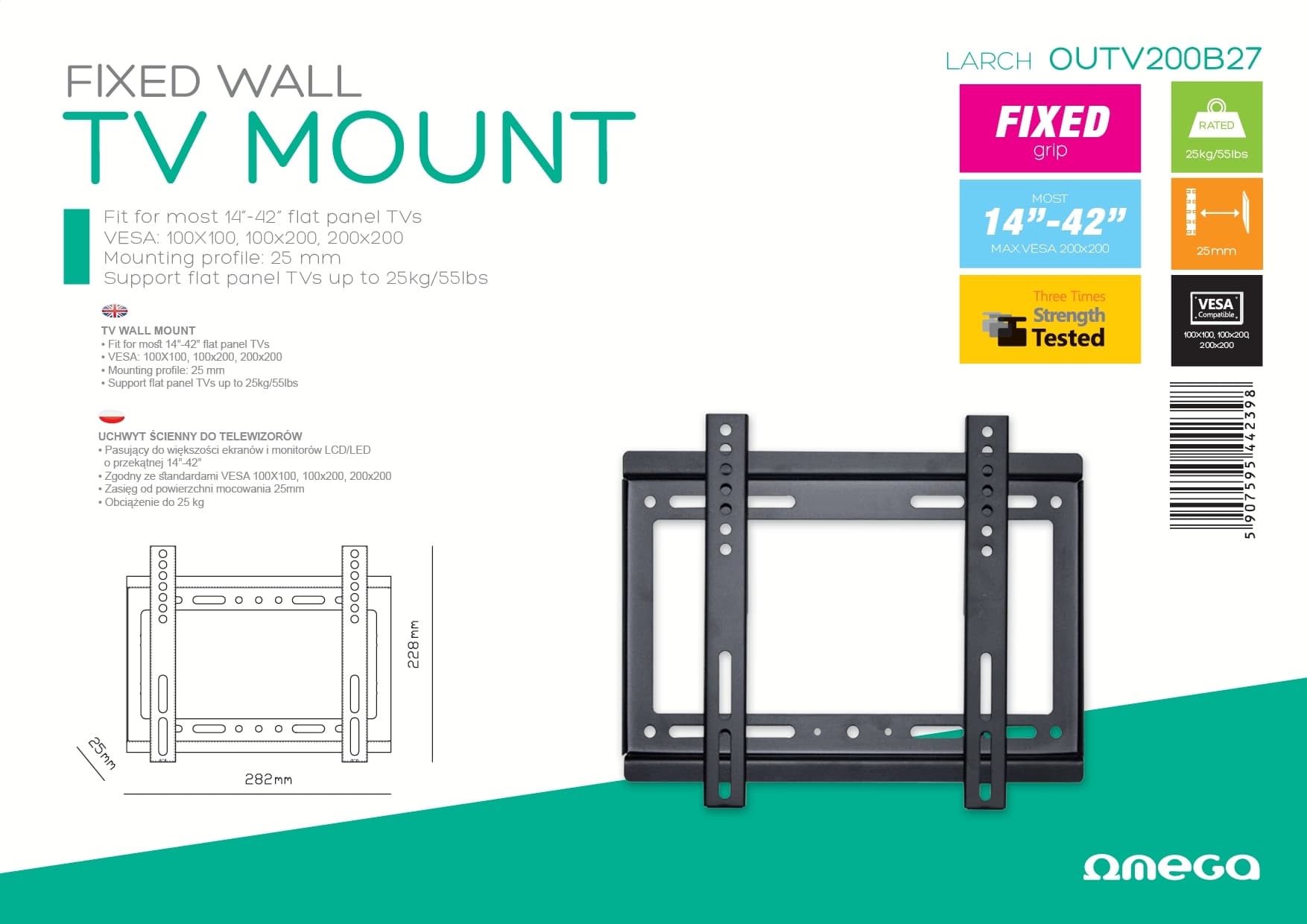 

OMEGA TV MOUNT UCHWYT DO TV MAX VESA 200 14-42" FIXED LARCH [44239]
