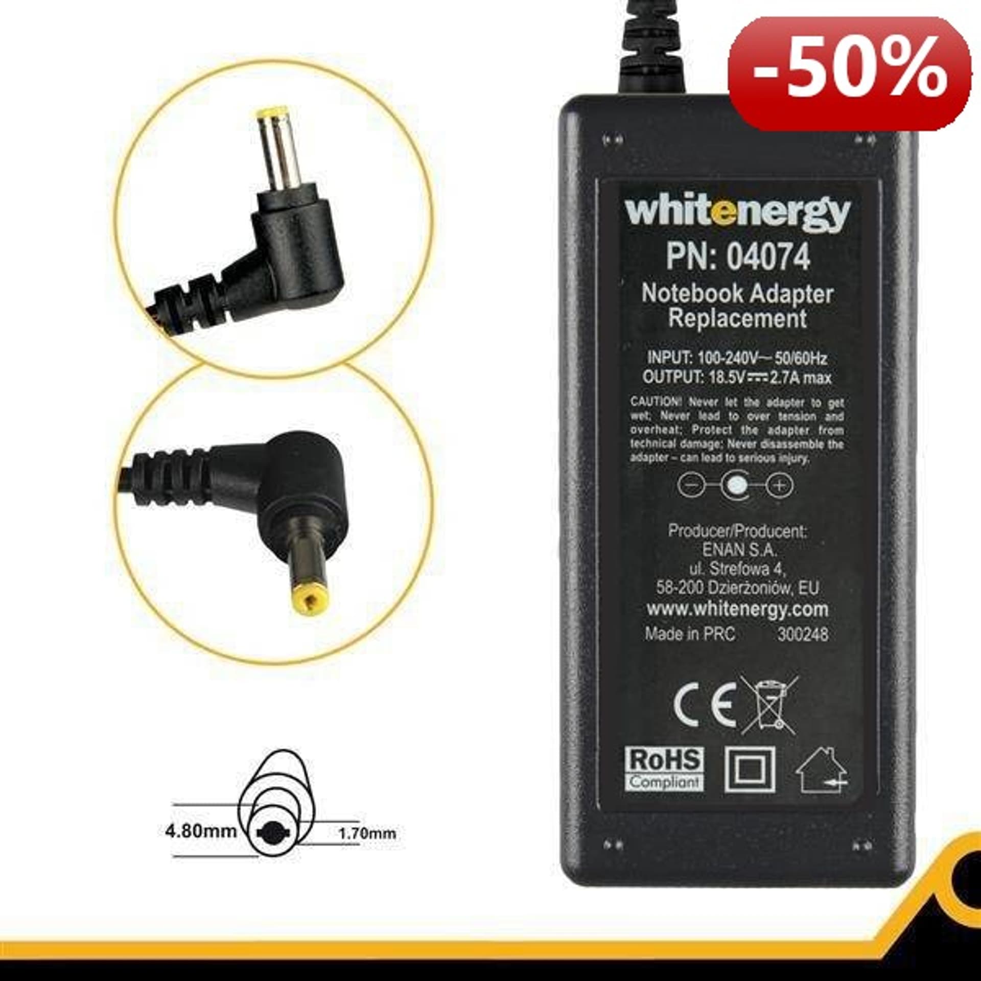 

Whitenergy Zasilacz AC Ładowarka do laptopa 18.5V 2.7A 50W 4.8x1.7 mm