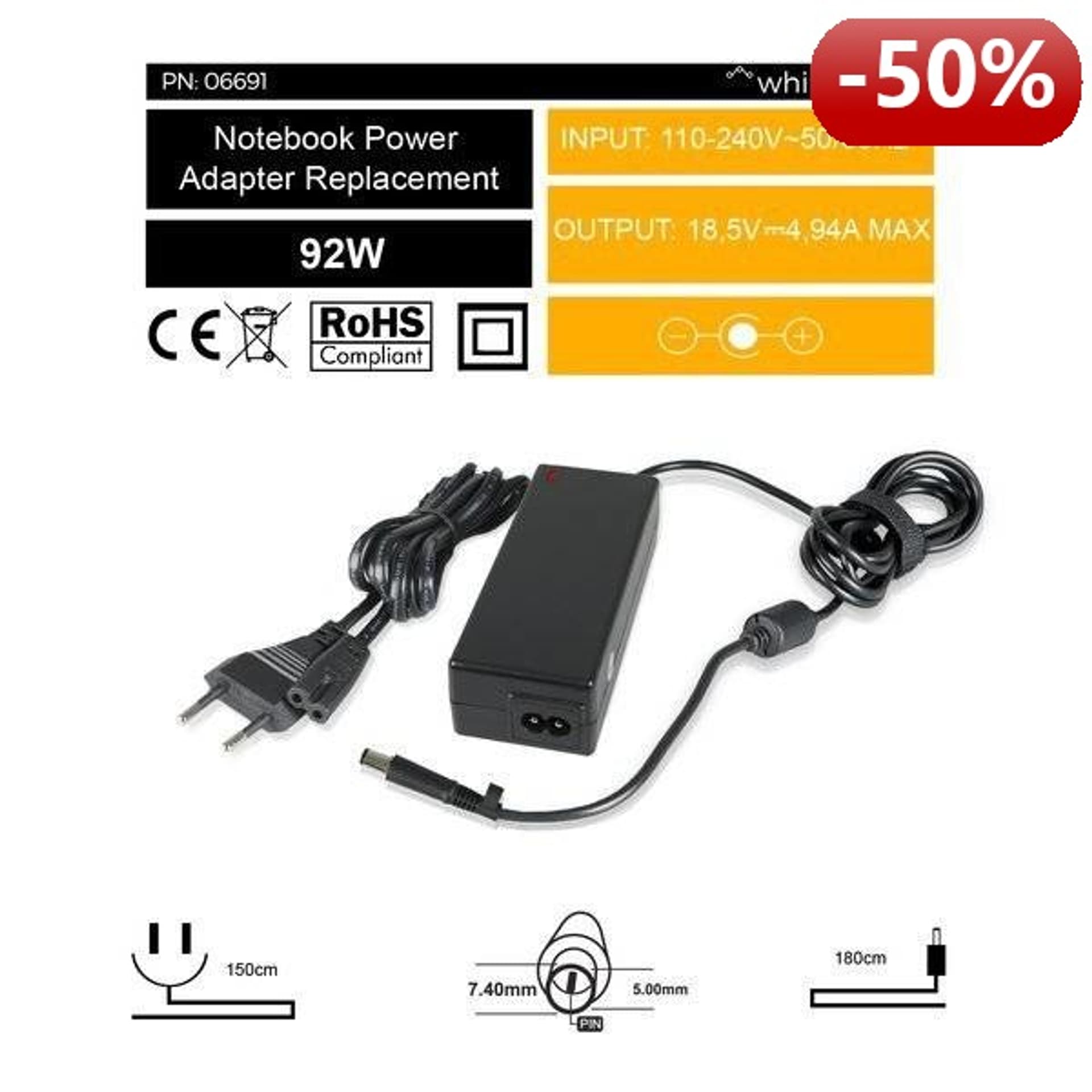 

Whitenergy Zasilacz AC Ładowarka do laptopa 18.5V 4.94A 90W 7.4x5.0 mm + pin