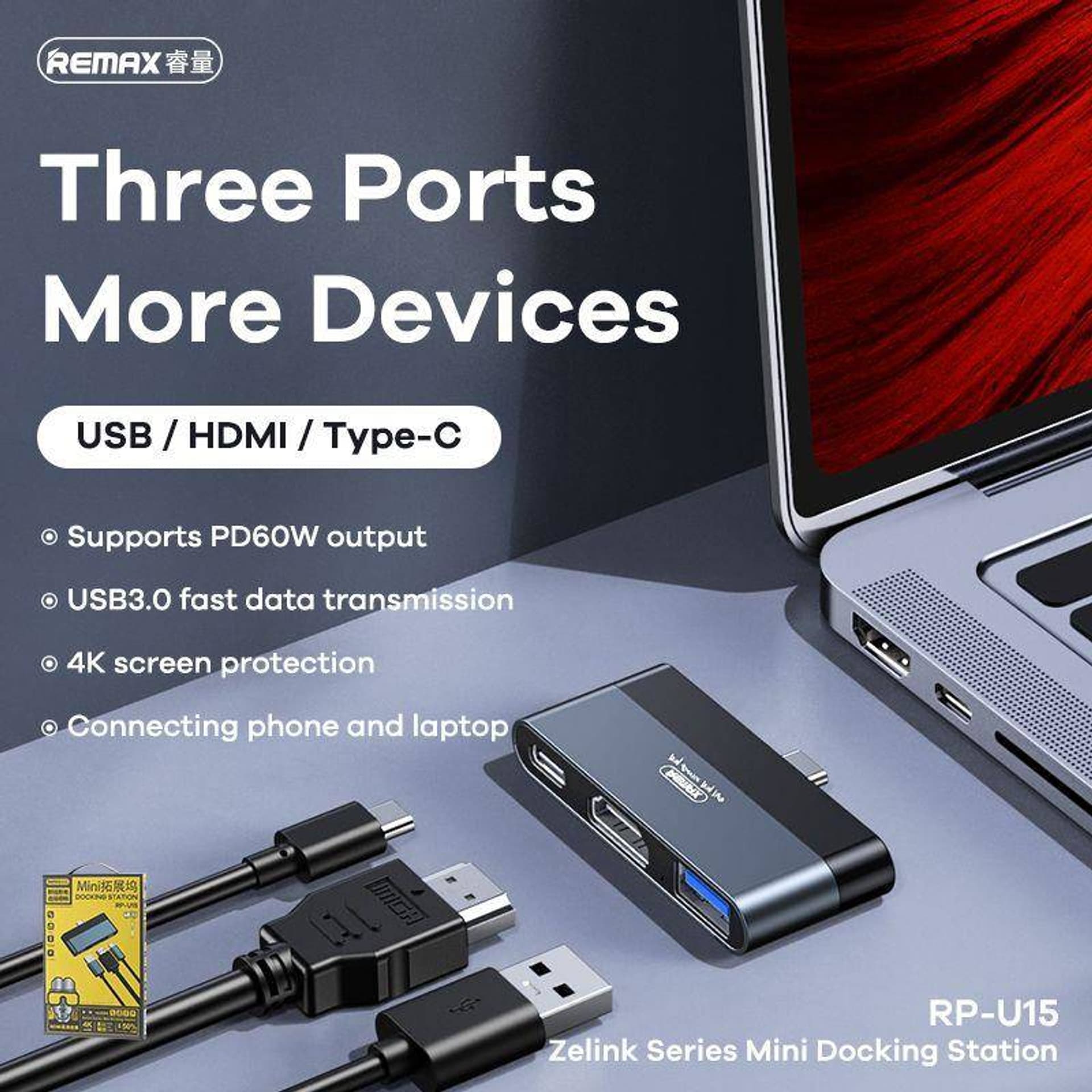

ROZDZIELACZ REMAX HDMI/USB/USB-C 4K RP-U15