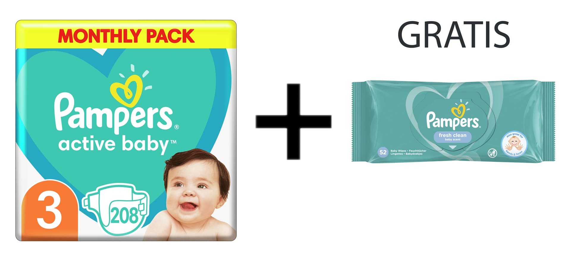 

Pampers Pieluchy ABD Monthly Box 208 + Chusteczki Pampers FreshClean 52