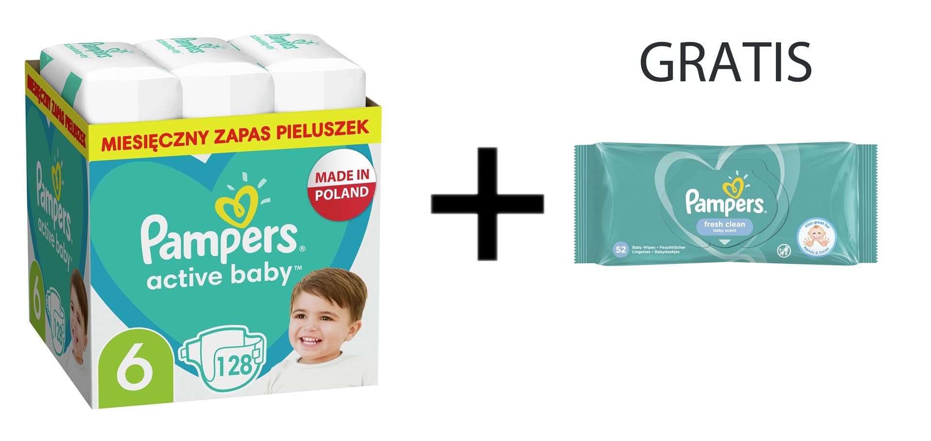 

Pampers Pieluchy AB Rozm 6, 13-18kg, 128szt + Chusteczki Pampers FreshClean 52