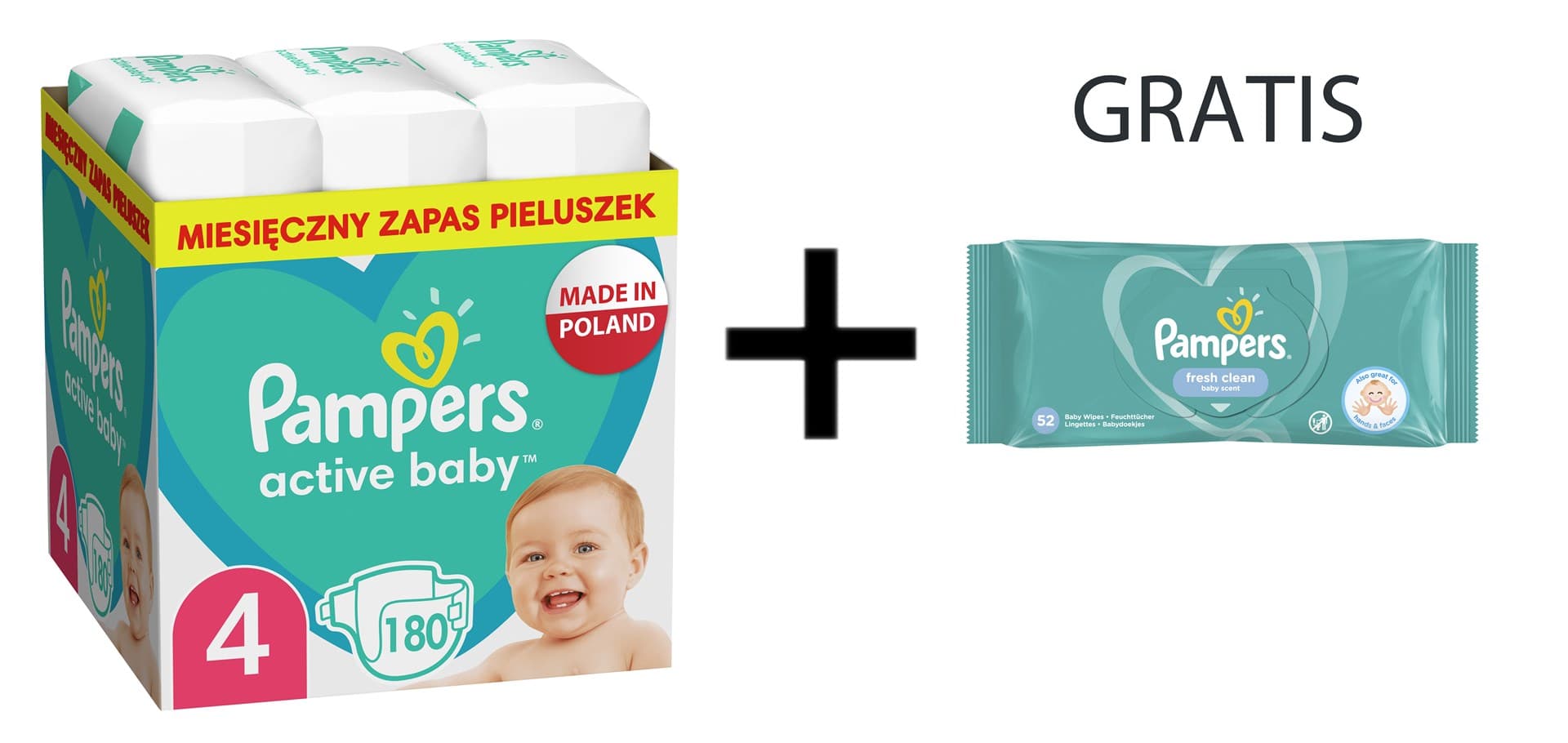 

Pampers Pieluchy AB Monthly Rozm. 4, 9-14kg, 180szt + Chusteczki Pampers FreshClean 52