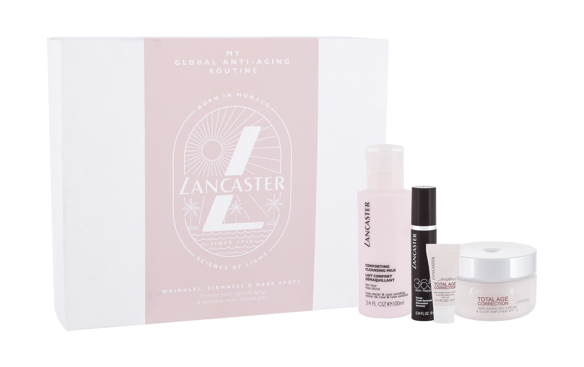 

Lancaster My Global Anti-Aging Routine Total Age Correction Krem do twarzy na dzień 50ml Krem na dzień Total Age Correction Anti-Aging Day Cream SPF15 50ml + Serum do twarzy 365 Skin Repair 10ml + Mleczko do ciała Comforting Cleansing Milk 100ml + Krem po