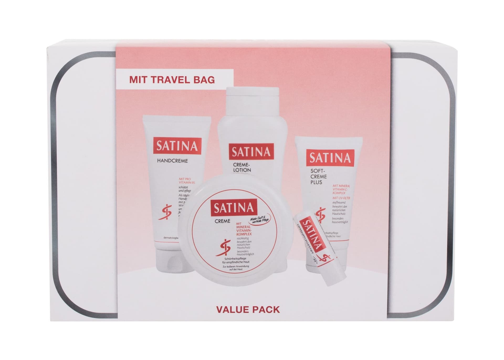 

Satina Cream Krem do ciała 150ml Krem do ciała 150ml + mleczko do ciała 200ml + krem do rąk 100ml + krem do twarzy 75ml + balsam do ust 4,8g + kosmetyczka (W)