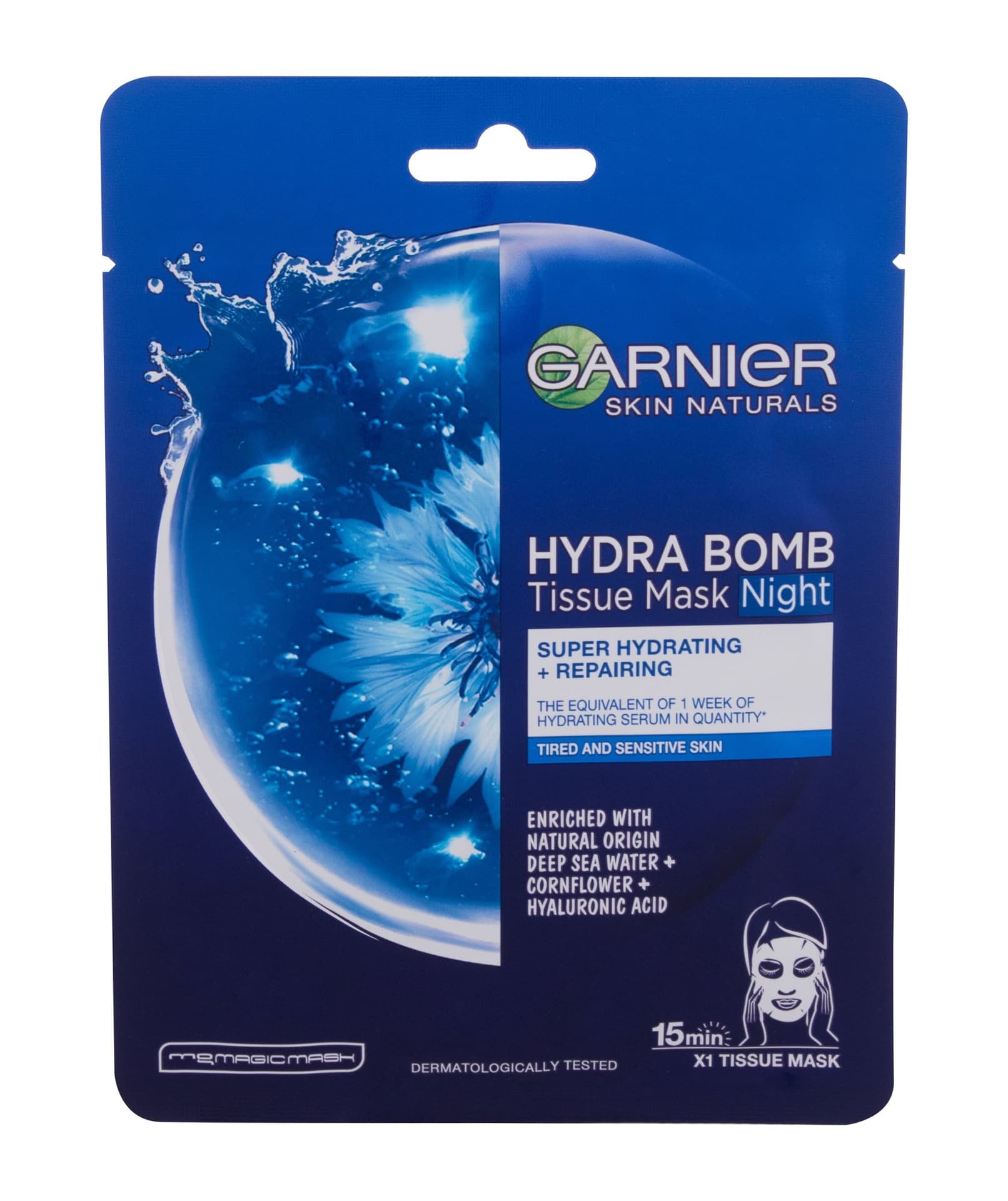 

Garnier Hydra Bomb regenerująca maska na tkaninie na noc z wodą z bławatka 28g