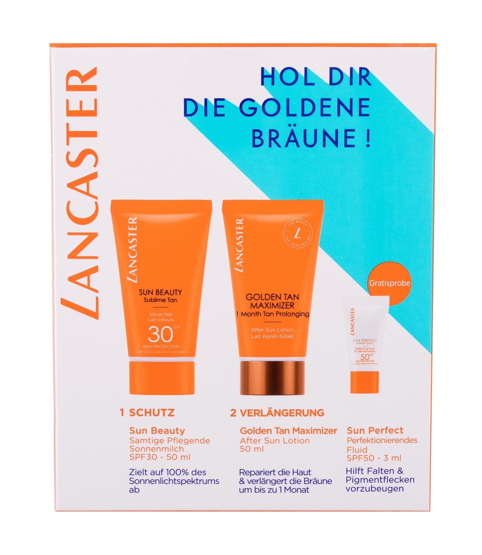 

Lancaster Sun Beauty Preparat do opalania ciała 50ml Mleczko do opalania Sun Beauty Sublime Tan Velvet Milk SPF30 50ml + Mleczko do ciała przedłużające opaleniznę Golden Tan Maximizer After Sun Lotion 50ml + Fluid przeciwko plamom pigmentowym SPF50 3ml (W