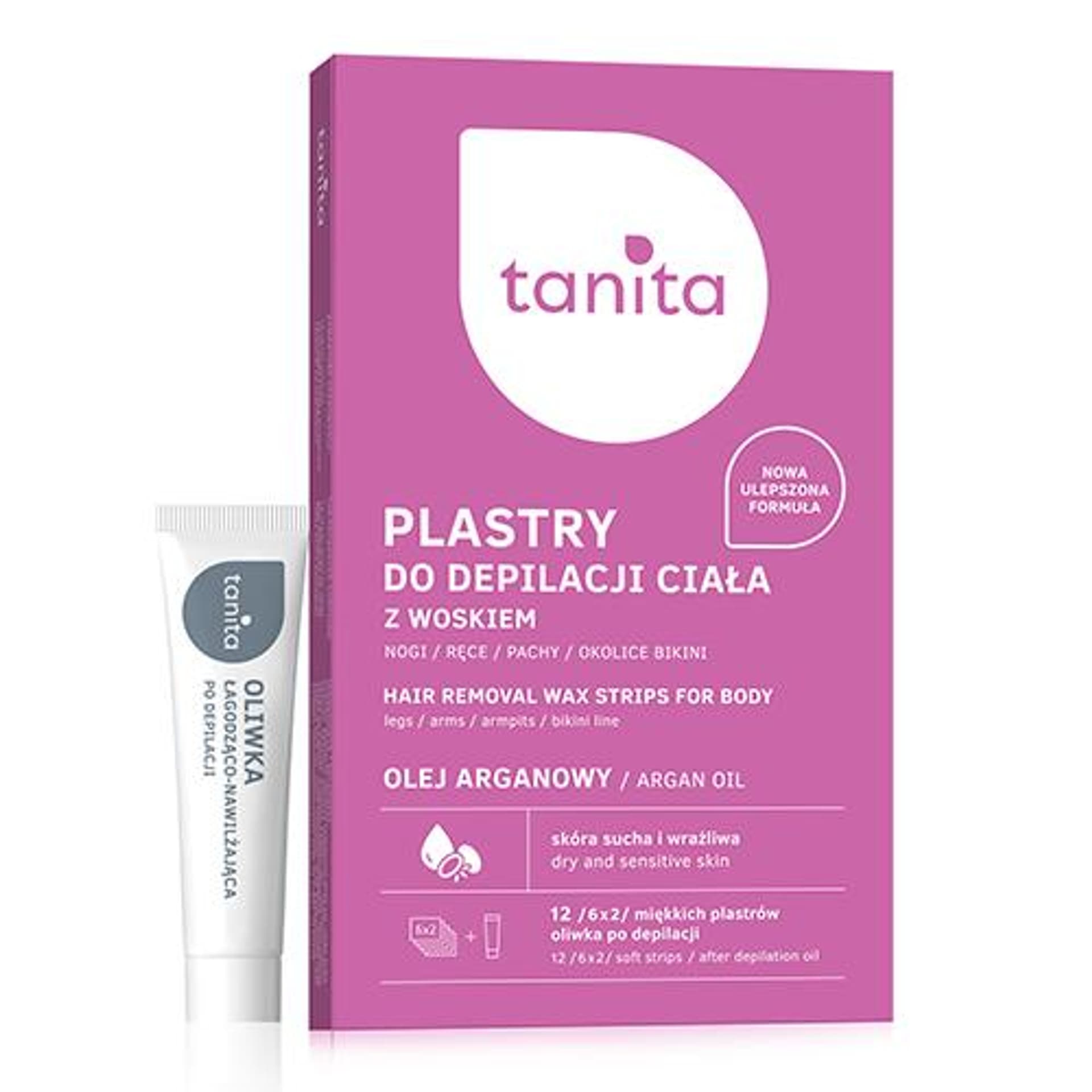 

Tanita Hair Removal Wax Strips For Body plastry do depilacji ciała z woskiem Olej Arganowy 12szt + oliwka po depilacji 10ml