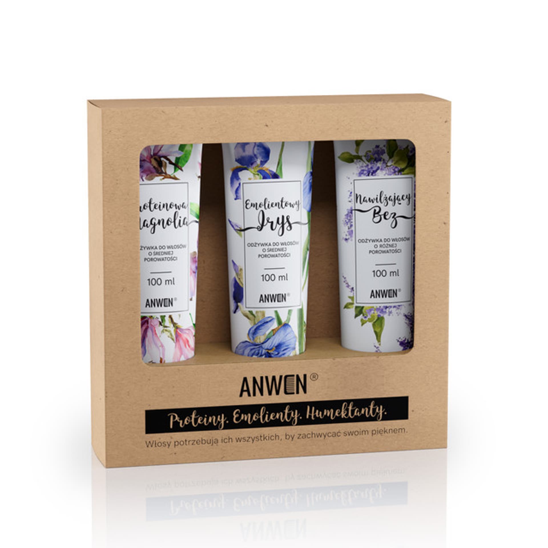 

Anwen Odżywki do włosów o średniej porowatości zestaw Proteinowa Orchidea 100ml + Emolientowy Irys 100ml + Nawilżający Bez 100ml