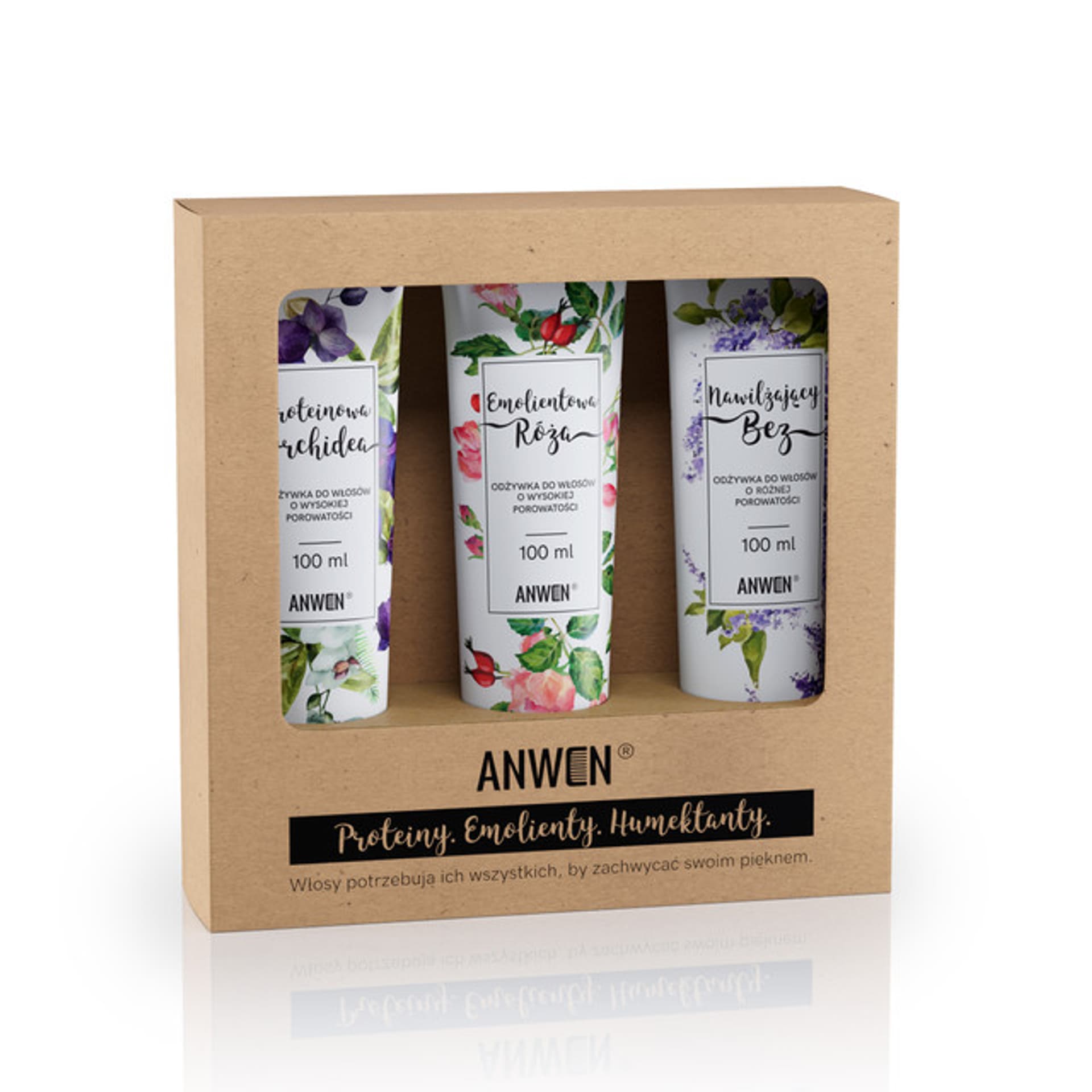 

Anwen Odżywki do włosów o wysokiej porowatości zestaw Proteinowa Orchidea 100ml + Emolientowa Róża 100ml + Nawilżający Bez 100ml