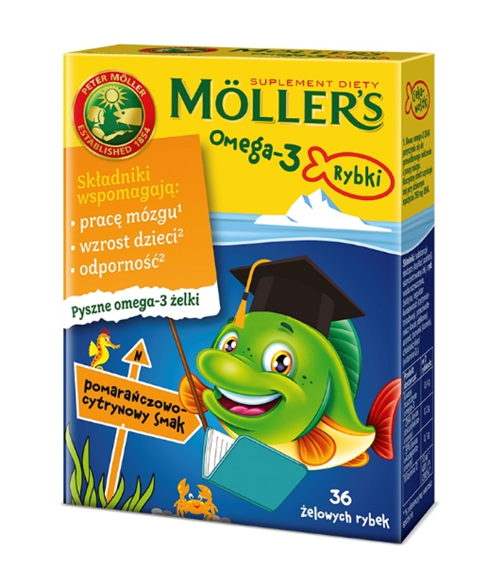 

Möller's Omega-3 Rybki żelki z kwasami omega-3 i witaminą D3 dla dzieci Pomarańczowo-cytrynowe 36szt.