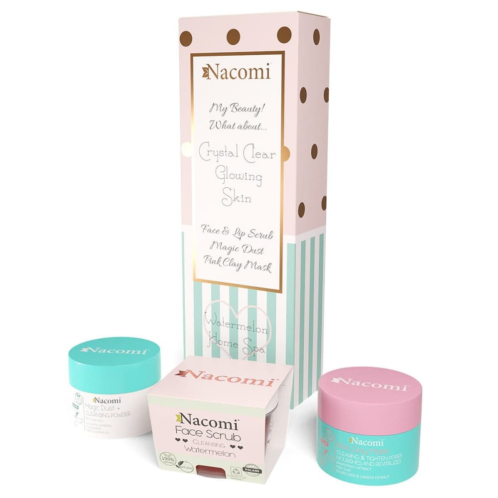 

Nacomi Domowe Spa zestaw maska oczyszczająco-ściągająca Różowa 50g + odświeżający peeling do twarzy i ust Arbuz 50g + pyłek oczyszczająco-detoksykujący 20g