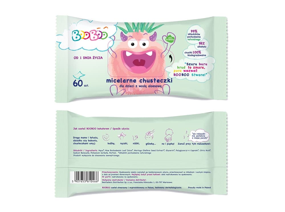 

BOOBOO Micelarne chusteczki nawilżane z wodą aloesową dla dzieci 60szt
