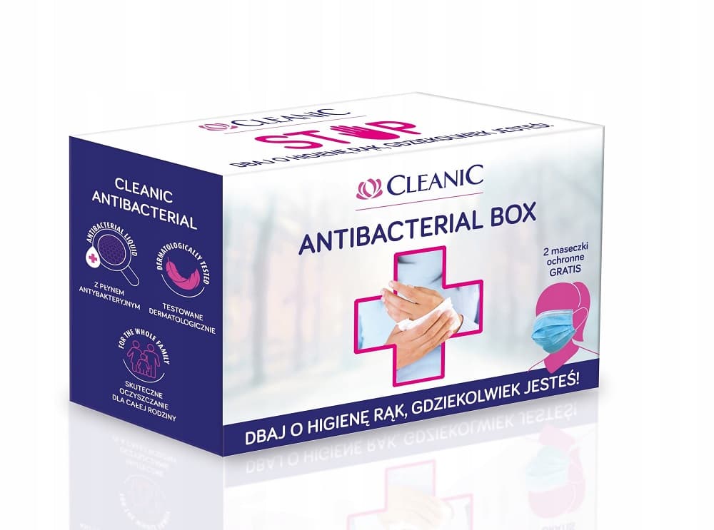 

CLEANIC Antibacterial Box zestaw chusteczki 3 opakowania + odświeżający żel do rąk 50ml + jednorazowe maseczki ochronne 2szt