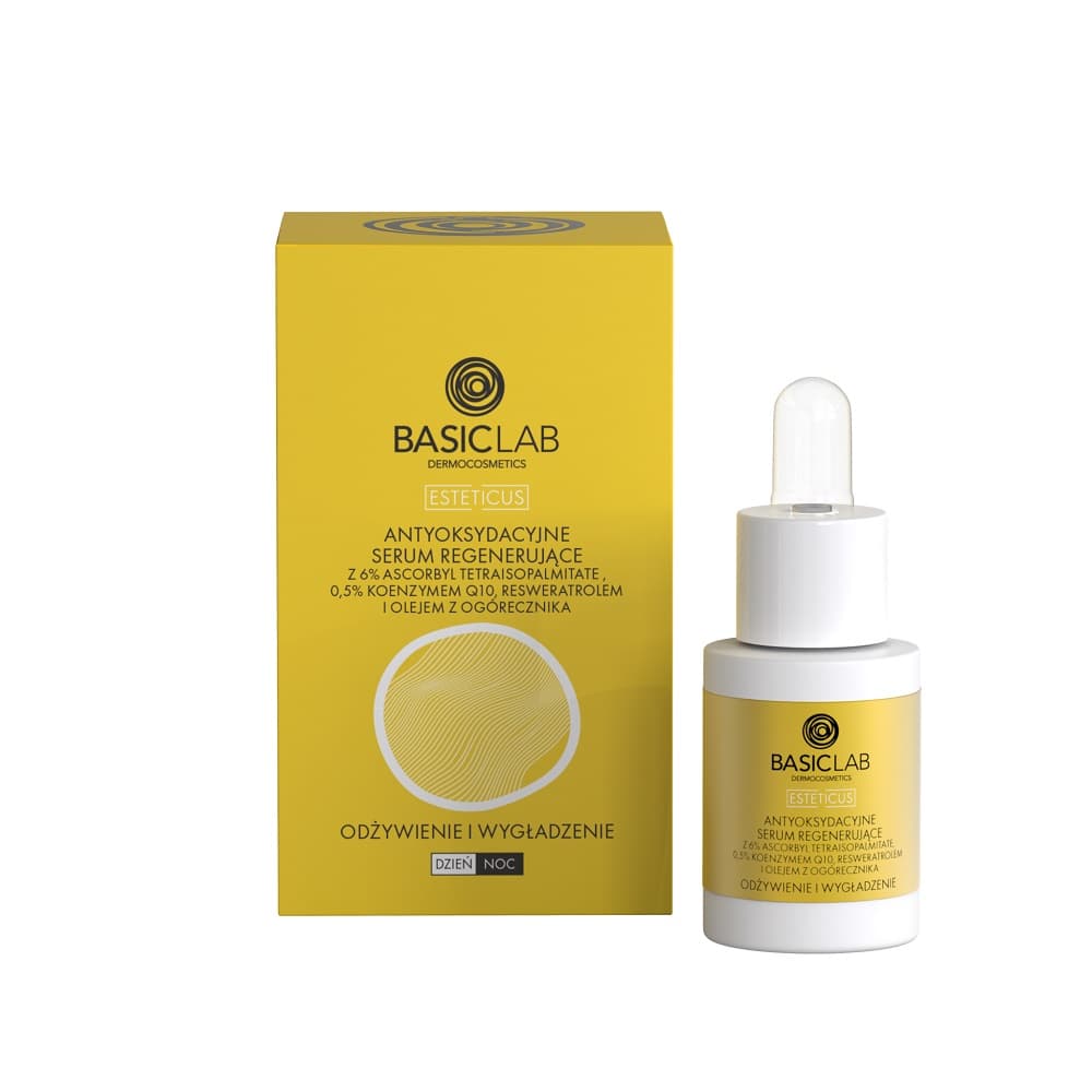 

BASICLAB Esteticus Serum Odżywienie i Wygładzenie antyoksydacyjne serum regenerujące z 6% tetraisopalmitate, 0,5% koenzymem Q10 i olejem z ogórecznika 15ml